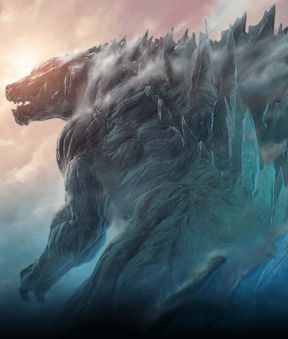 Godzilla Earth 桌布 壁紙 — 一隻巨大的冰封哥斯拉從波濤洶湧的海水中升起，背景是絢麗的日落天空。