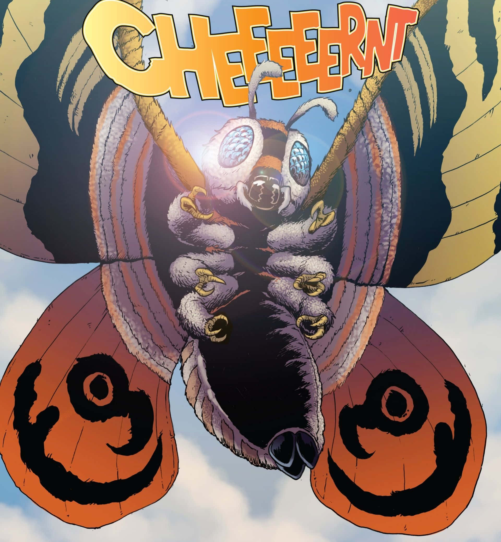mothra 桌布 壁紙 — 一隻巨大的卡通飛蛾，長著微笑的南瓜翅膀，在「CHEEFEERNIT」字樣下飛過多雲的天空。