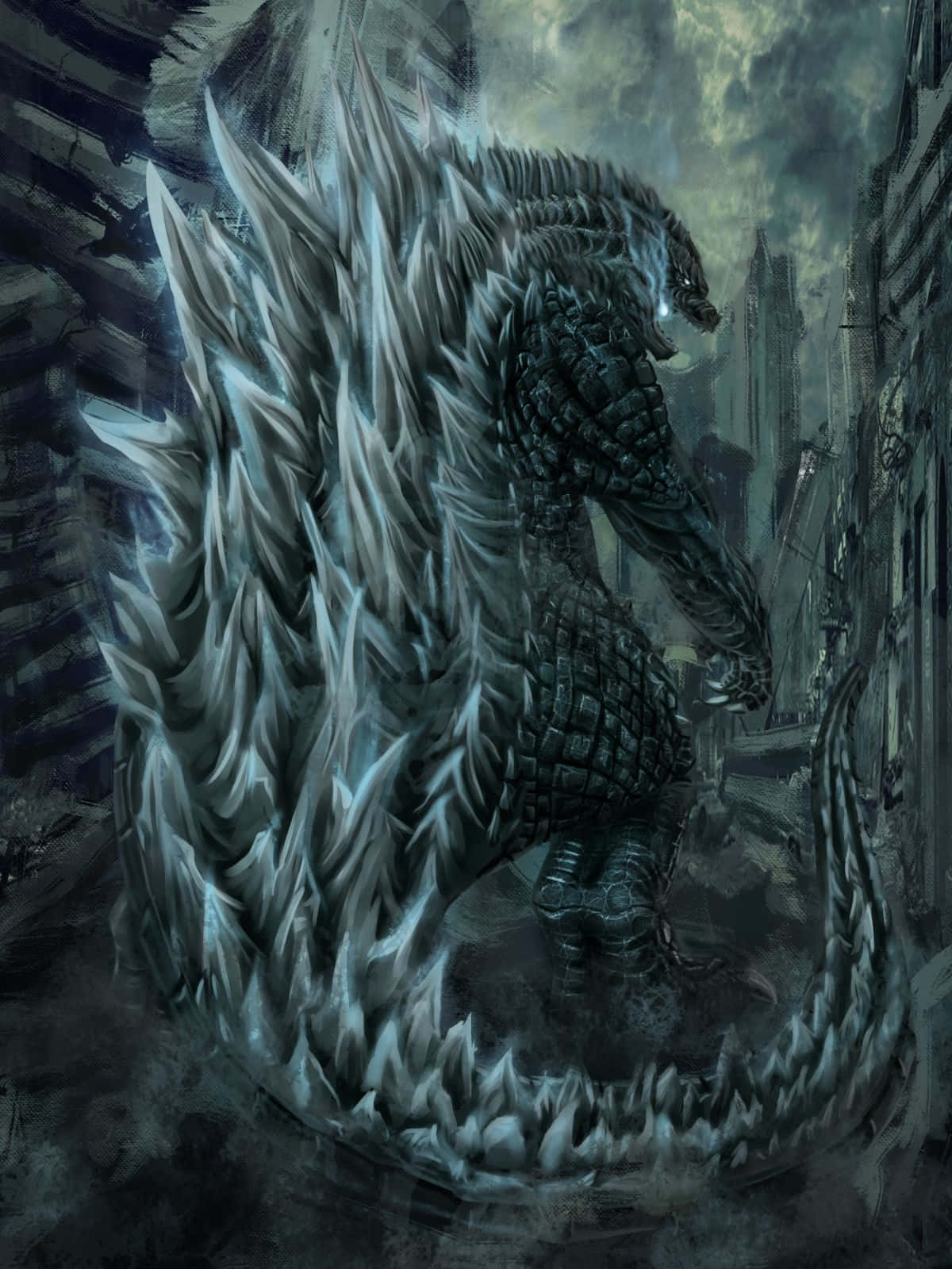 Godzilla Art 桌布 壁紙 — 一隻巨大的哥斯拉，身上有鋸齒狀的冰覆蓋的尖刺，站在暴風雨天空下的廢墟城市景觀中。