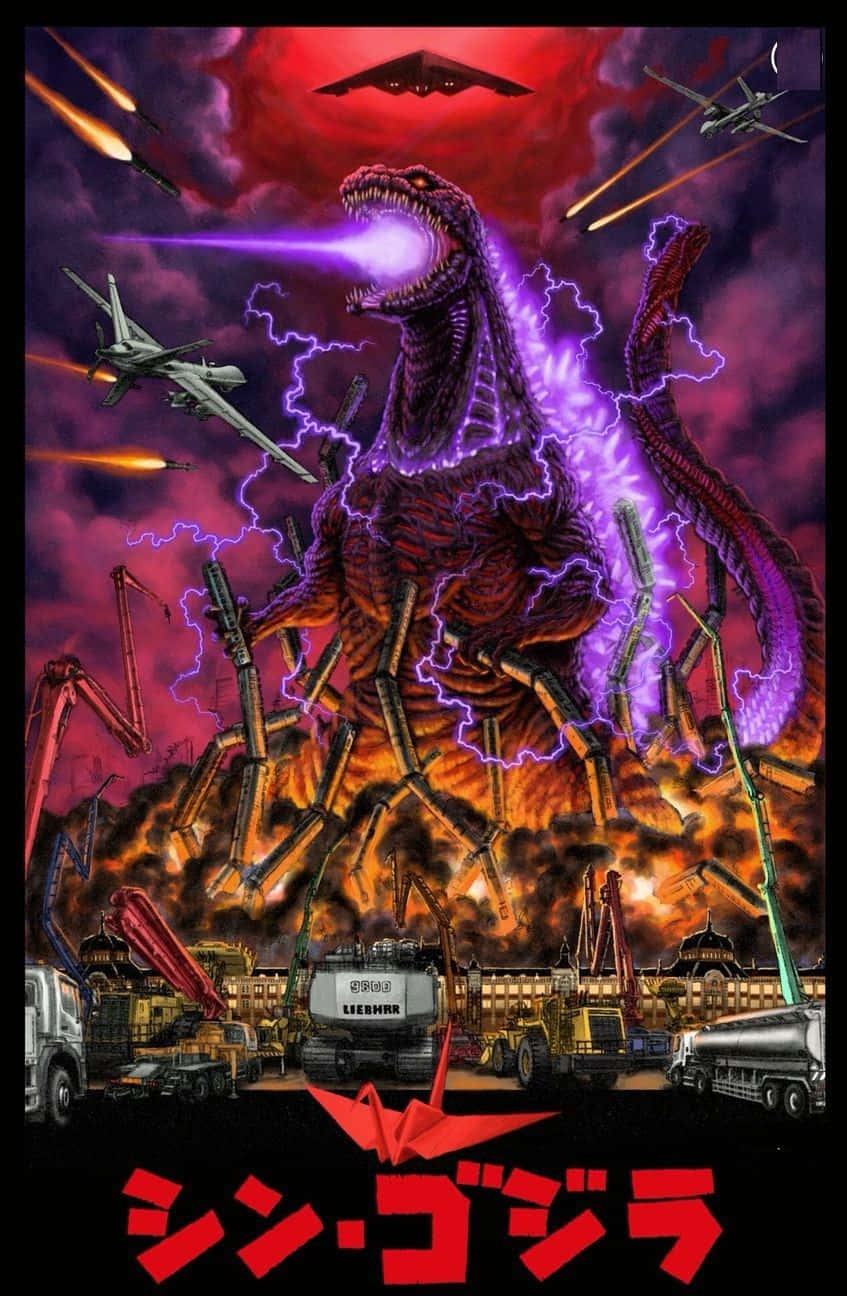 Classic Godzilla 桌布 壁紙 — 一隻巨大的哥斯拉，身體周圍有紫色閃電劈啪作響，向戰鬥機和工程車輛發射光束，背景是燃燒中的末日城市景觀。