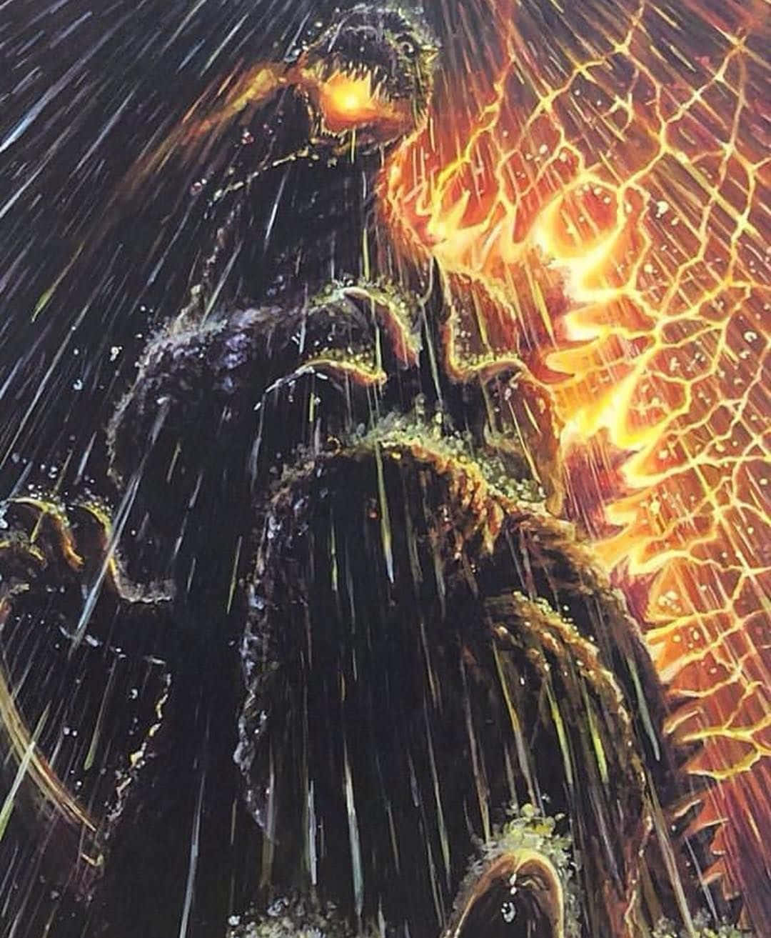 Godzilla 2000 桌布 壁紙 — 一隻巨大的哥斯拉在傾盆大雨中咆哮，背脊上燃燒的橙色能量劈啪作響，映襯著黑暗的暴風雨天空。