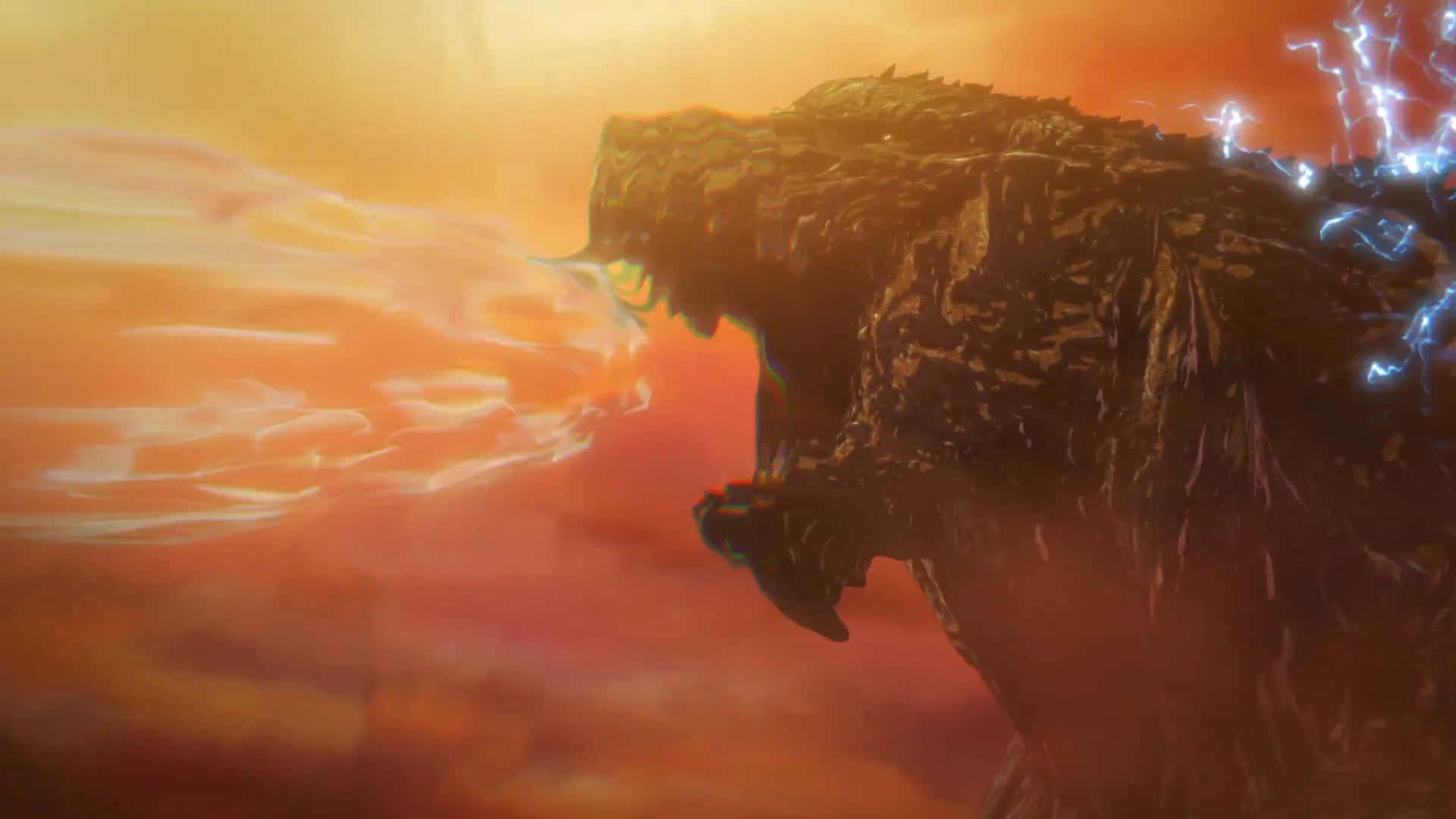Godzilla Earth 桌布 壁紙 — 一隻巨大的哥斯拉在咆哮，對著火紅色的天空噴火，藍色電光沿著牠的背部劈啪作響。