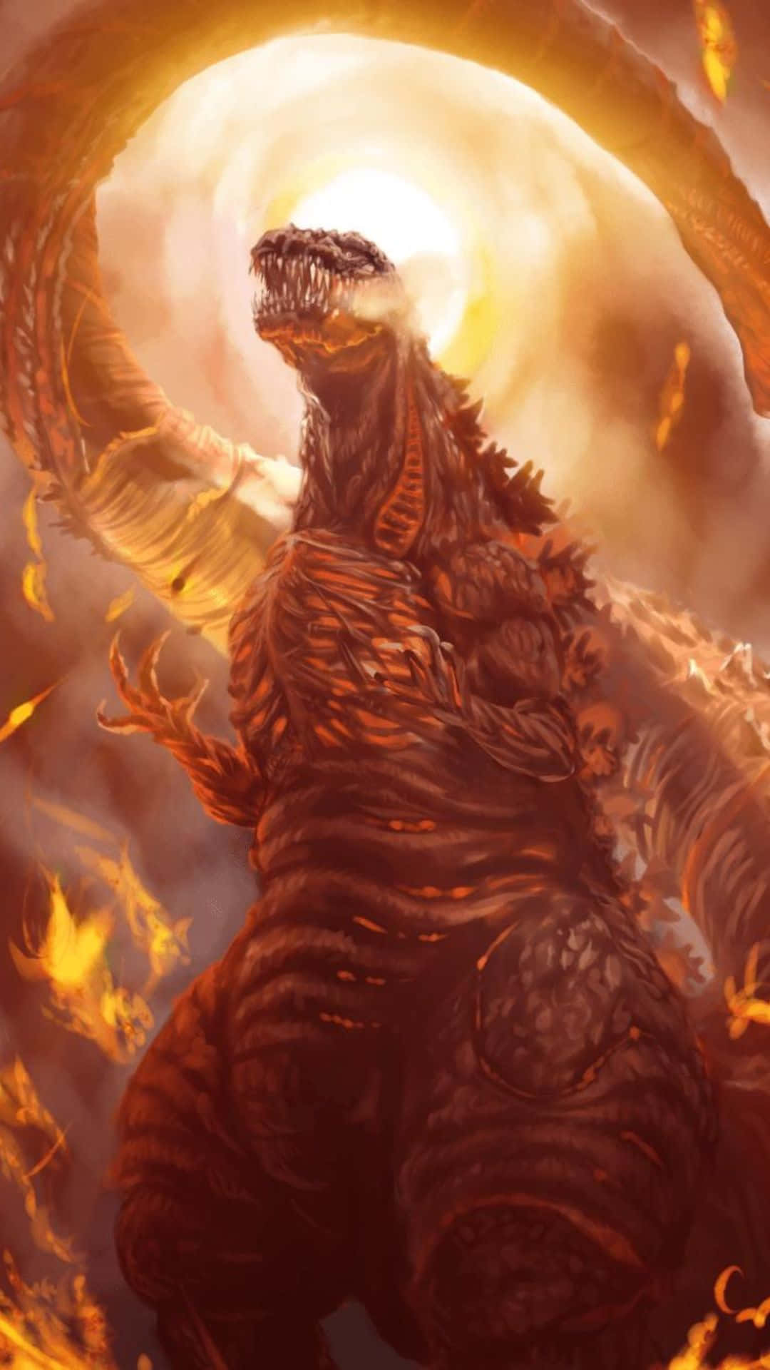 Godzilla 2000 桌布 壁紙 — 一隻巨大的哥斯拉在旋轉的火焰和煙霧中挑釁地站立，身後有一輪發光的太陽，頭部抬起。