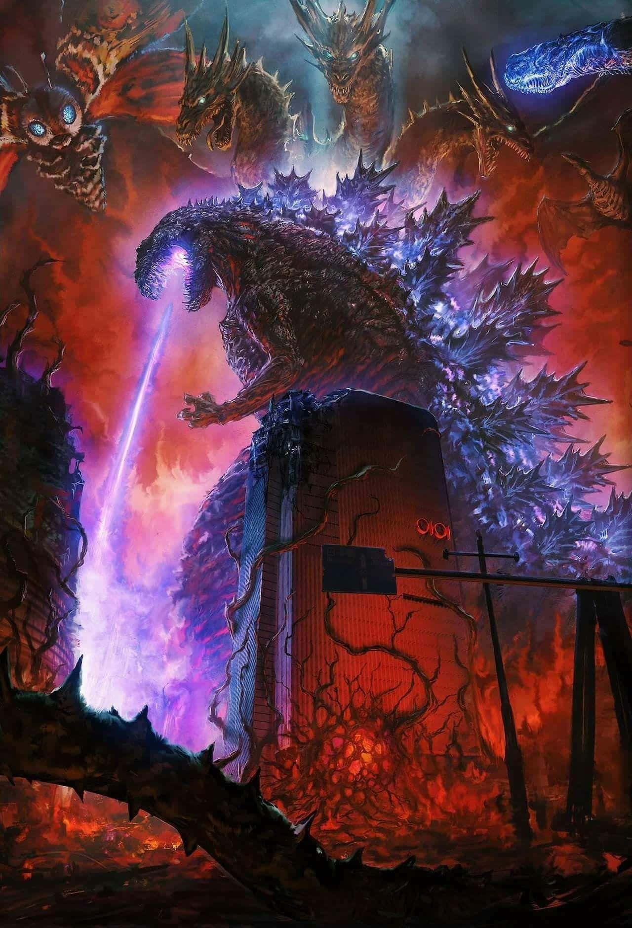 Burning Godzilla 桌布 壁紙 — 一隻巨大的哥斯拉在火海中的城市廢墟中釋放紫色光束，周圍環繞著怪獸般的巨龍。