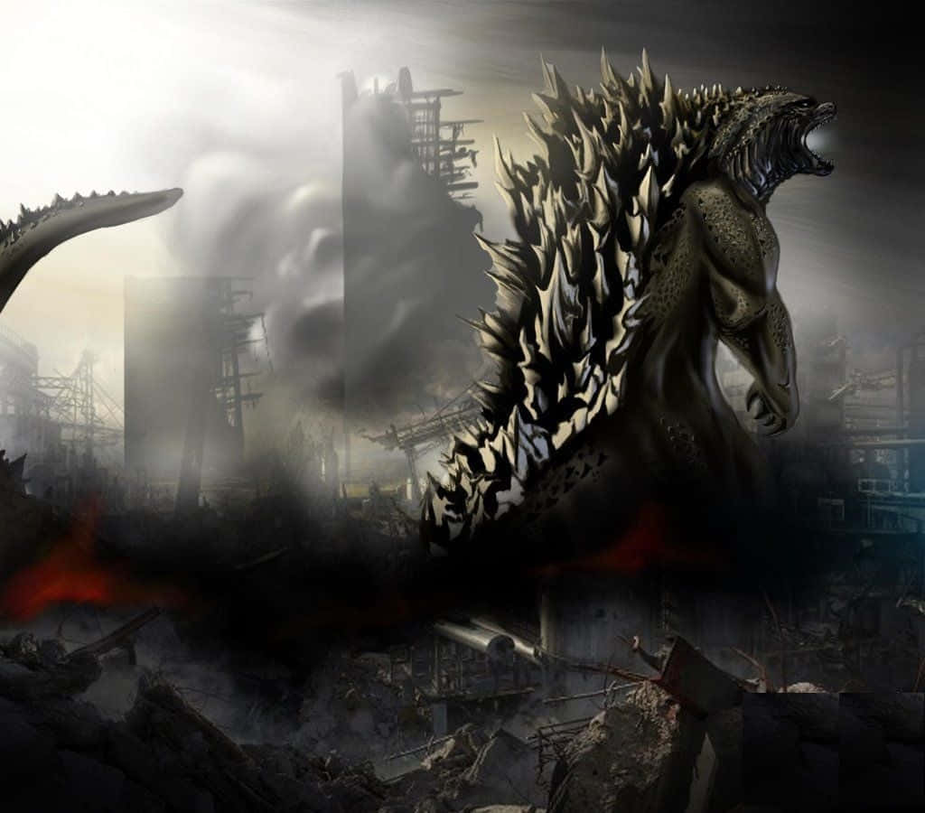 Godzilla 2014 桌布 壁紙 — 一隻巨大的哥斯拉在煙霧瀰漫的廢墟城市景觀中咆哮，周圍是破碎的摩天大樓和燃燒的碎片。