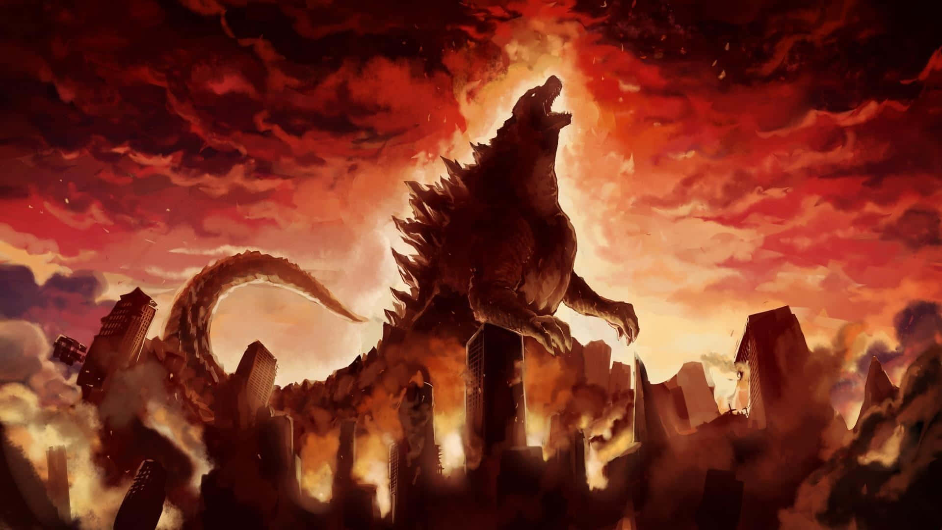 Burning Godzilla 桌布 壁紙 — 一隻巨大的哥斯拉在燃燒的城市景觀頂端咆哮，天空呈現火紅和橙色。