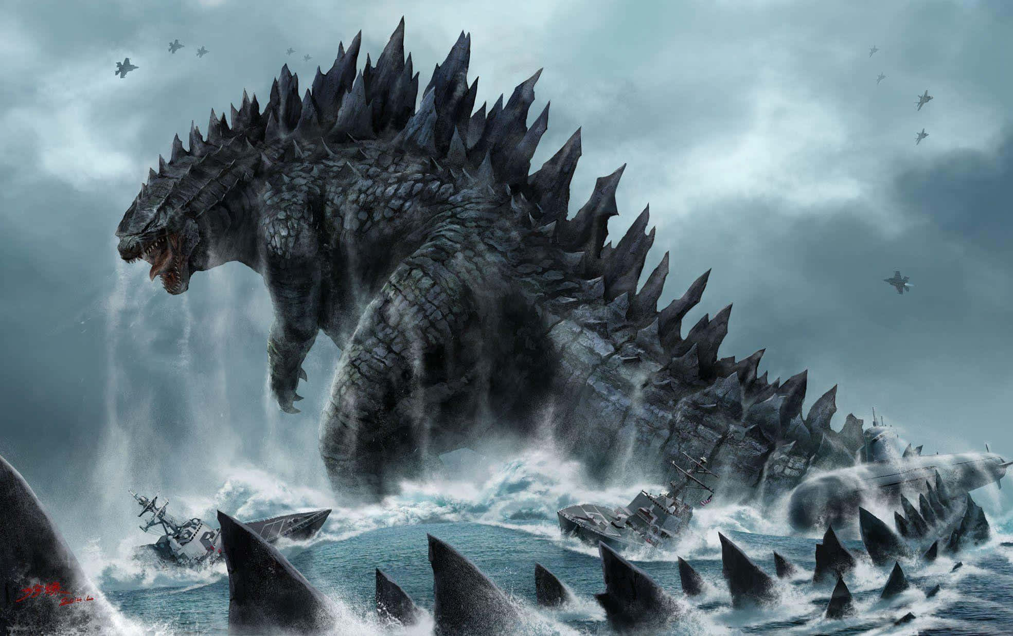 Godzilla Art 桌布 壁紙 — 一隻巨大的哥斯拉從波濤洶湧的大海中出現，用其佈滿尖刺的背部壓碎戰艦，聳立在翻騰的波浪之上。