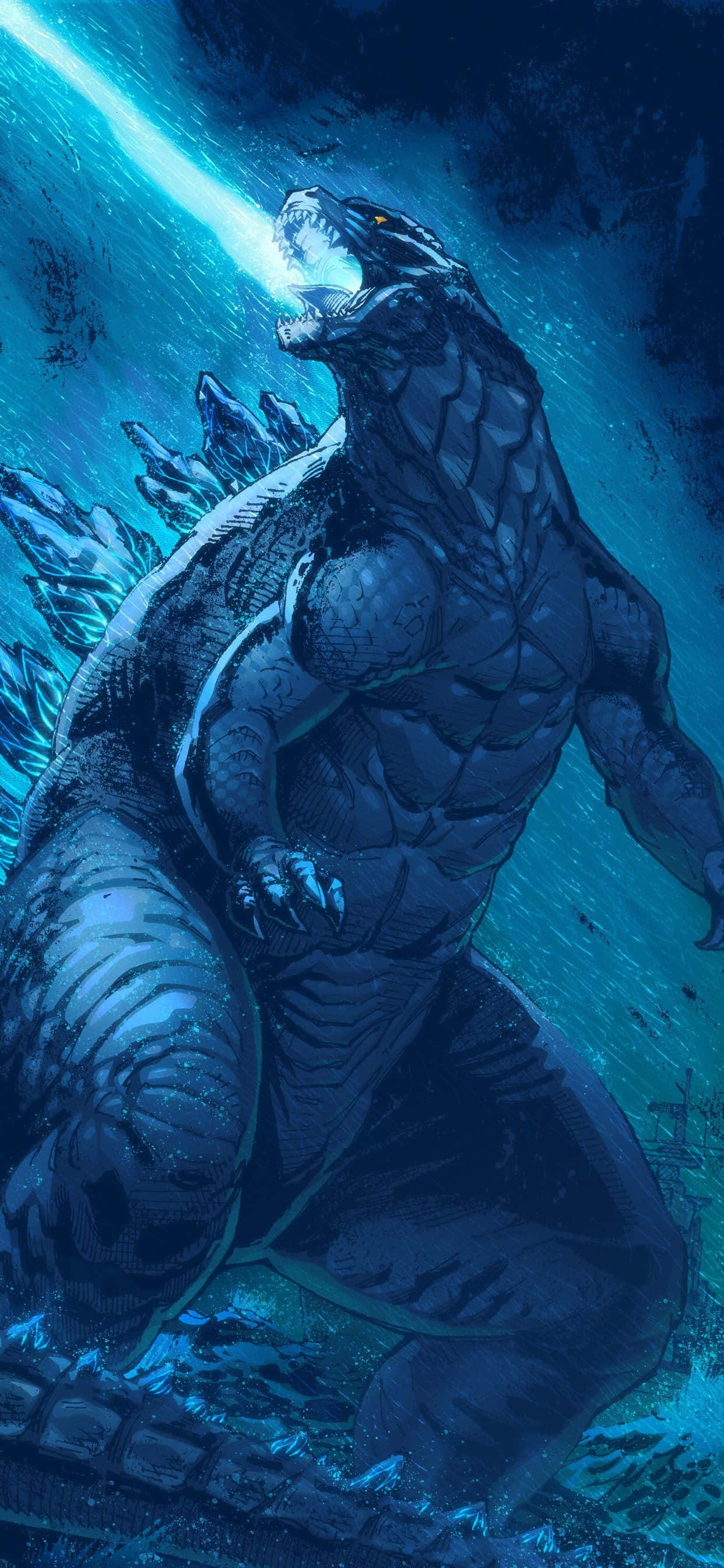 Godzilla Art 桌布 壁紙 — 一隻巨大的哥斯拉從深藍色的海洋中出現，咆哮著，口中發出發光的射線。