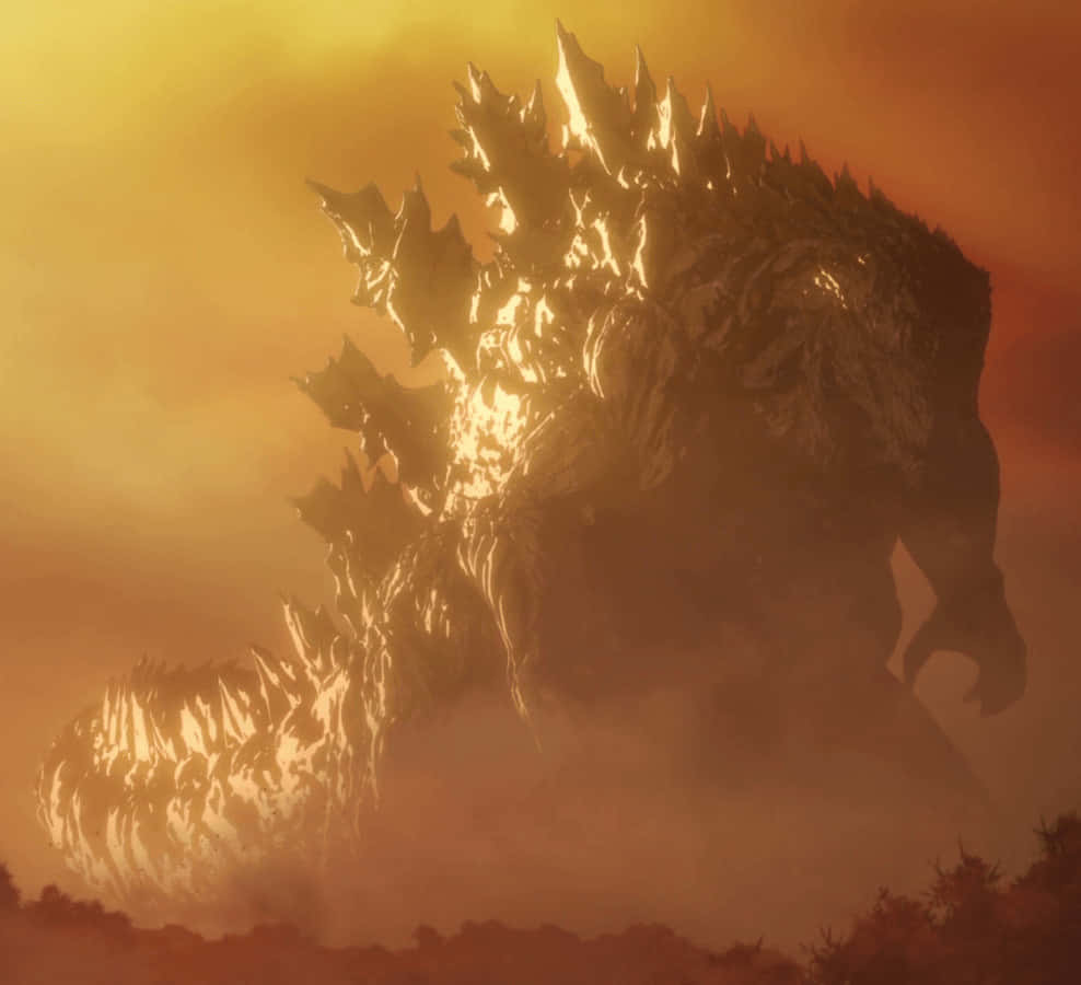Godzilla Earth 桌布 壁紙 — 一隻巨大的哥斯拉從煙霧中出現，在火紅色的天空下，背鰭發光。