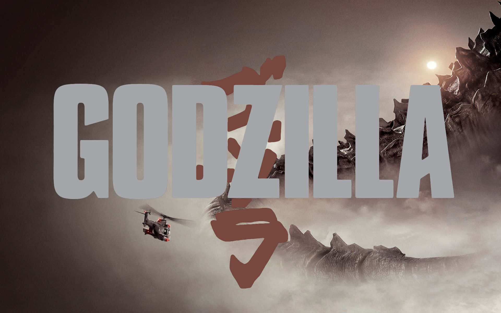 Godzilla 2014 桌布 壁紙 — 一隻巨大的哥斯拉從迷霧中出現，一架直升機在發光的太陽下飛過其龐大的身軀。