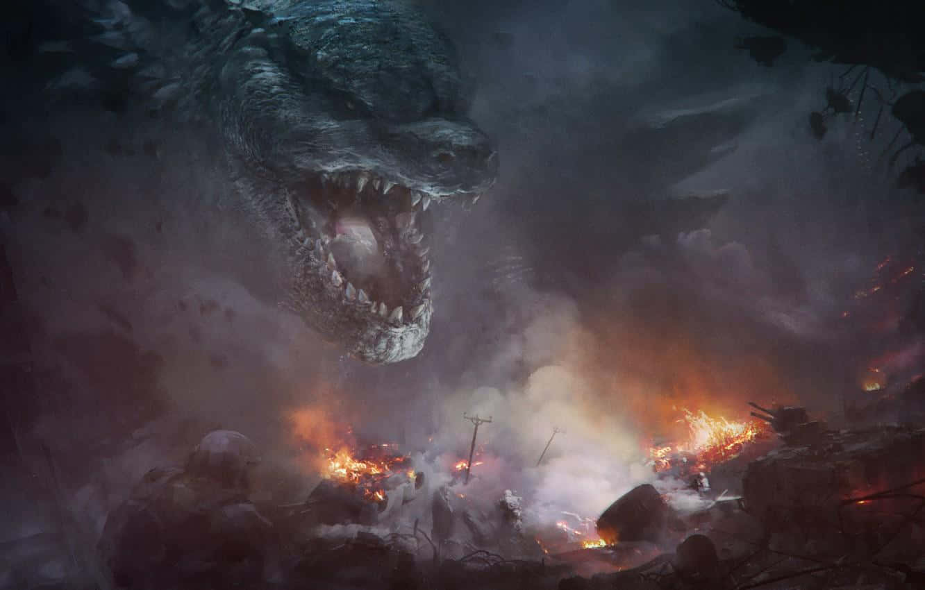 Burning Godzilla 桌布 壁紙 — 一隻巨大的哥斯拉聳立在燃燒的城市景觀之上，火焰和煙霧從被摧毀的建築物中升起。