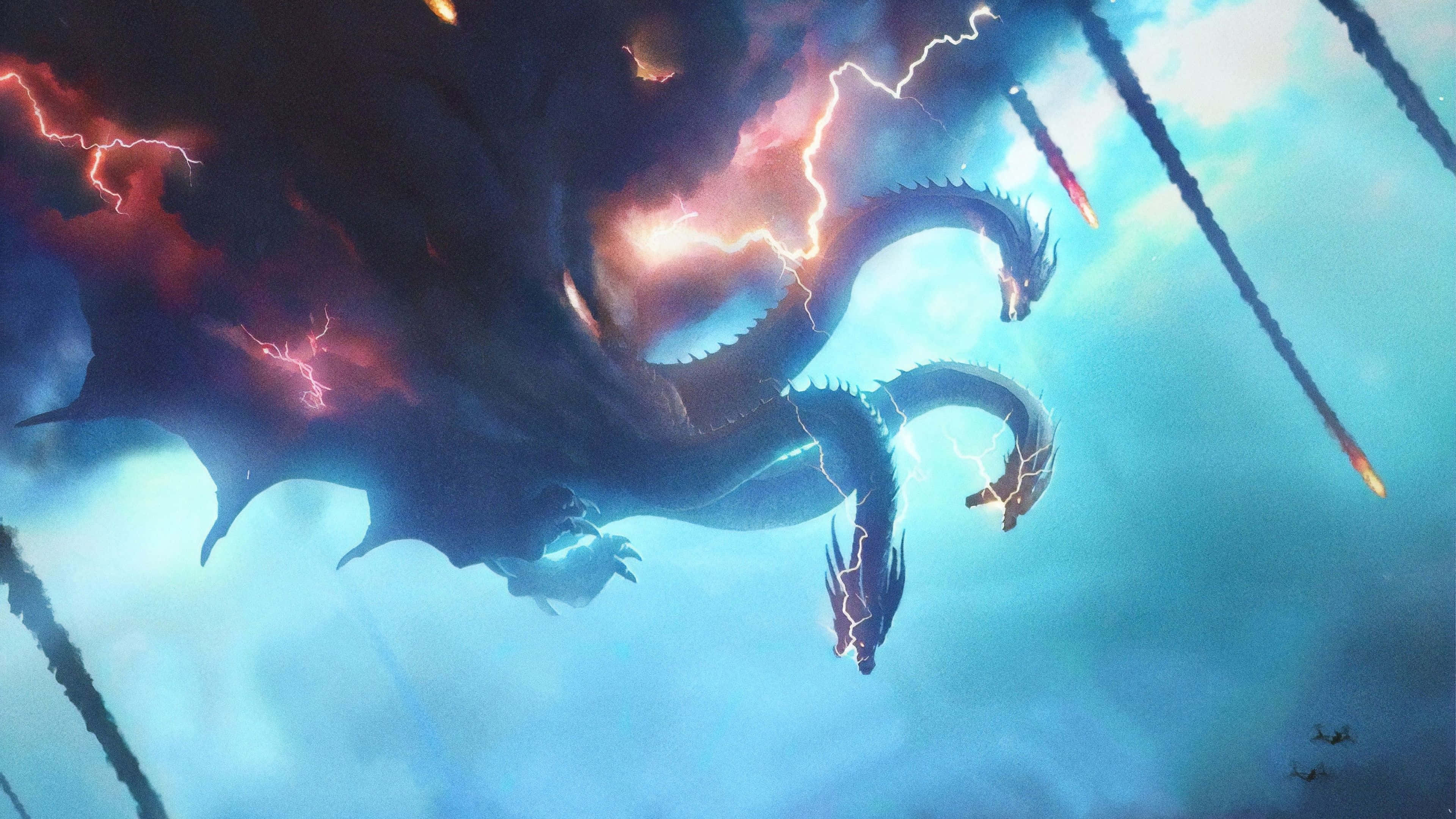 King Ghidorah 桌布 壁紙 — 一隻巨大的多頭龍，黑暗的鱗片上閃爍著閃電，在暴風雨的天空中翱翔，流星劃過天際。