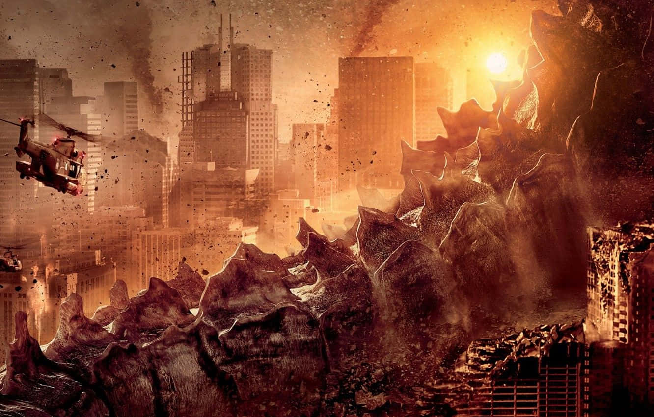 Godzilla 2014 桌布 壁紙 — 一隻巨大的怪物在燃燒的城市中橫衝直撞，直升機在煙霧和破壞中戰鬥，背景是火紅的日落。