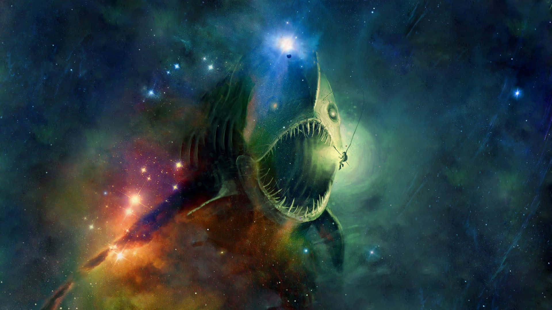 一條擁有發光眼睛和鋒利牙齒的巨型鯊魚，在帶有星星的彩色宇宙星雲中。