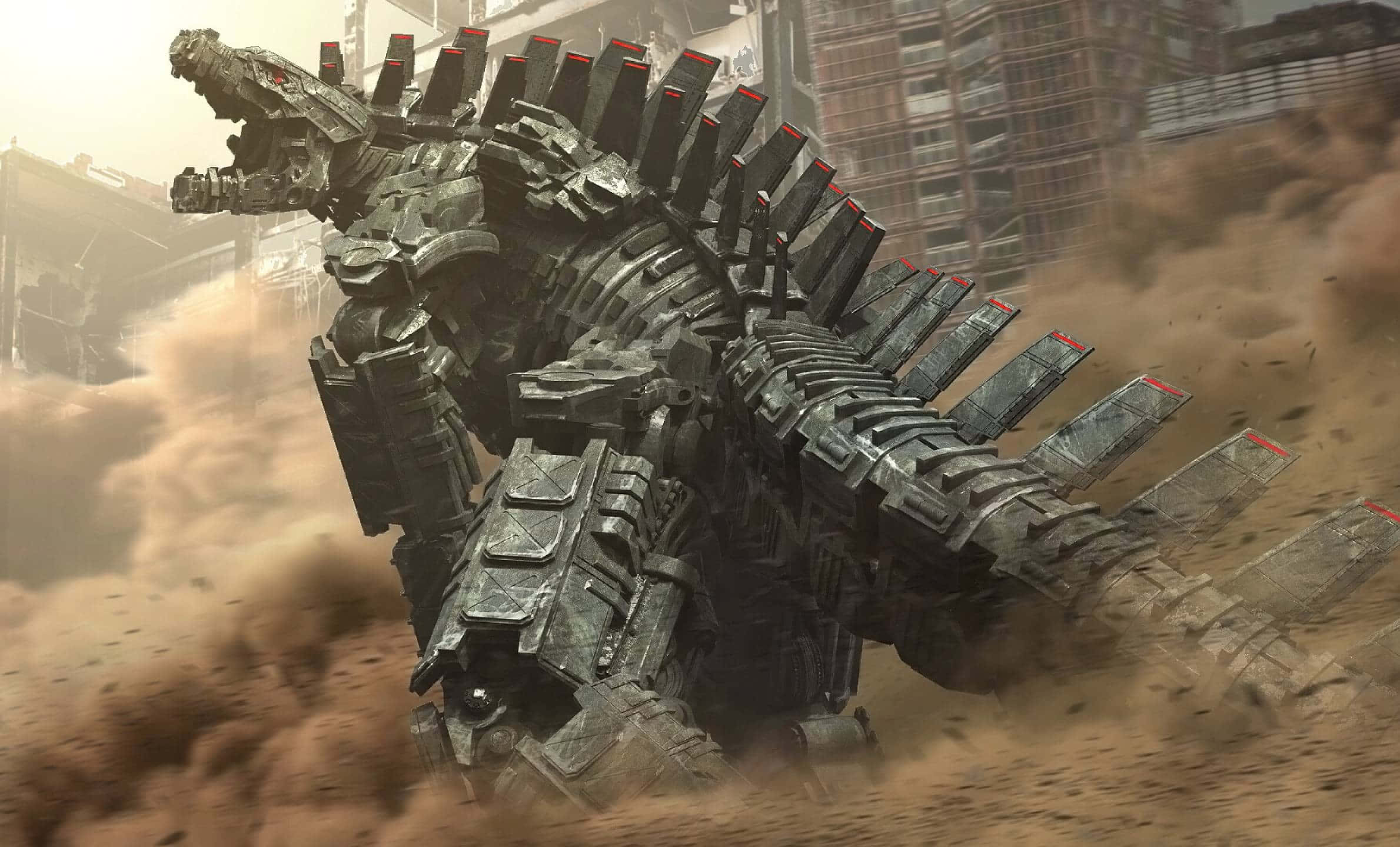 mechagodzilla 桌布 壁紙 — 一隻巨大的機械哥斯拉踏過塵土飛揚的廢墟城市景觀，揚起棕色碎屑的雲霧。