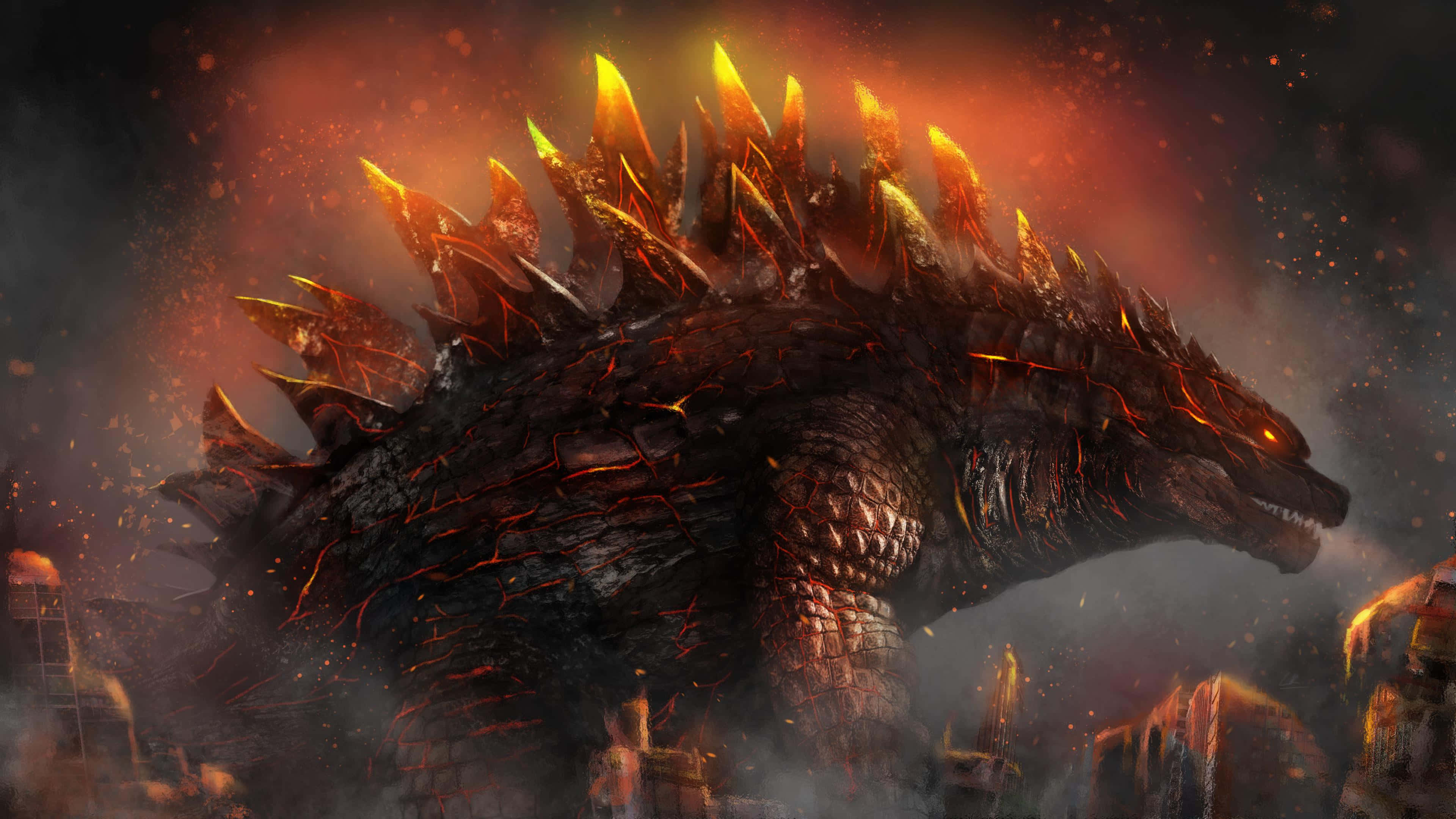 Godzilla 2014 桌布 壁紙 — 一隻巨大的火焰哥斯拉，背鰭發光，在煙霧瀰漫的橙色天空下，於燃燒的城市景觀中咆哮。