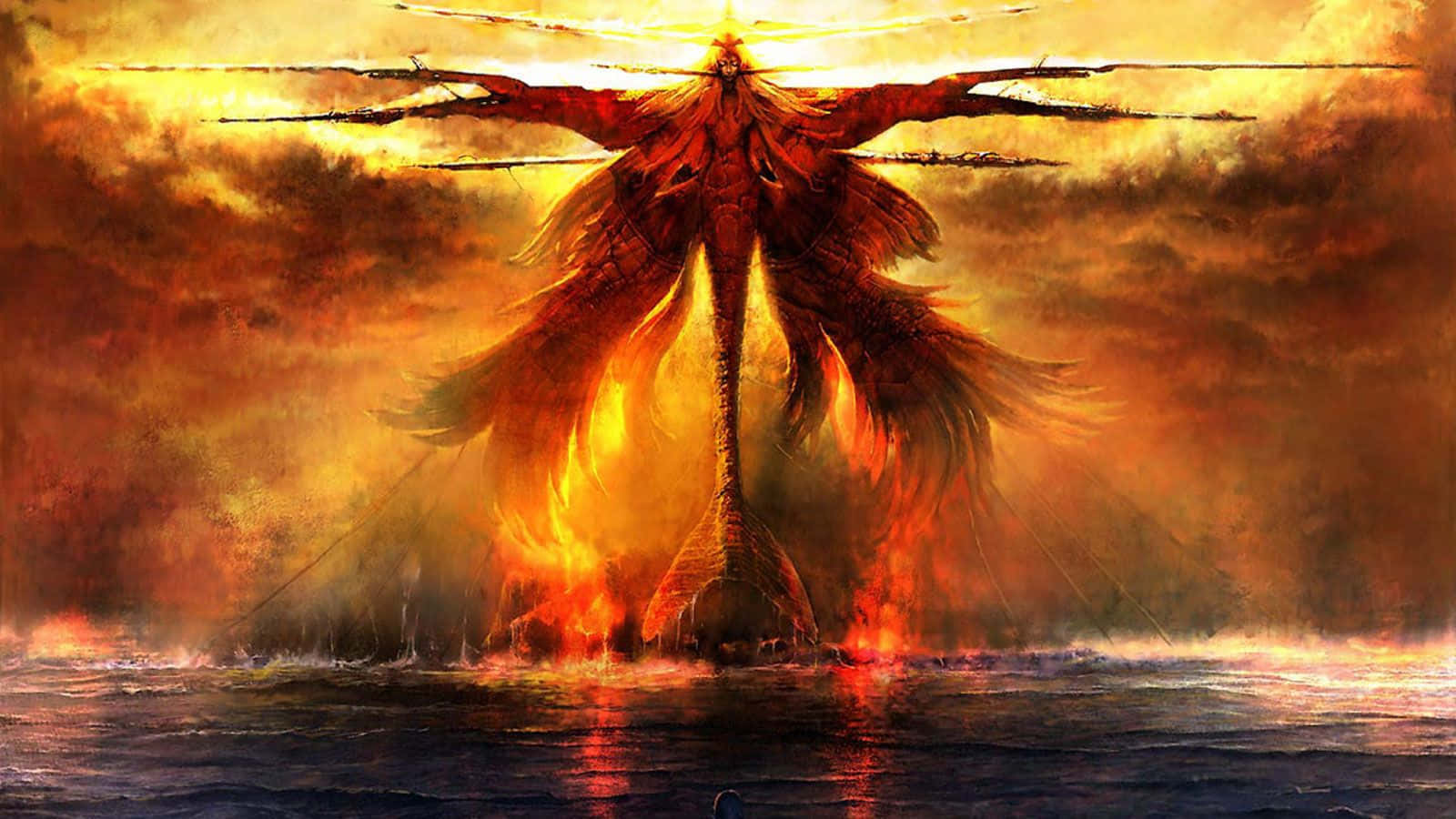 Flame 桌布 壁紙 — 一隻巨大的火焰鳳凰展開翅膀，從波濤洶湧的海水中升起，背景是熾熱的日落天空。