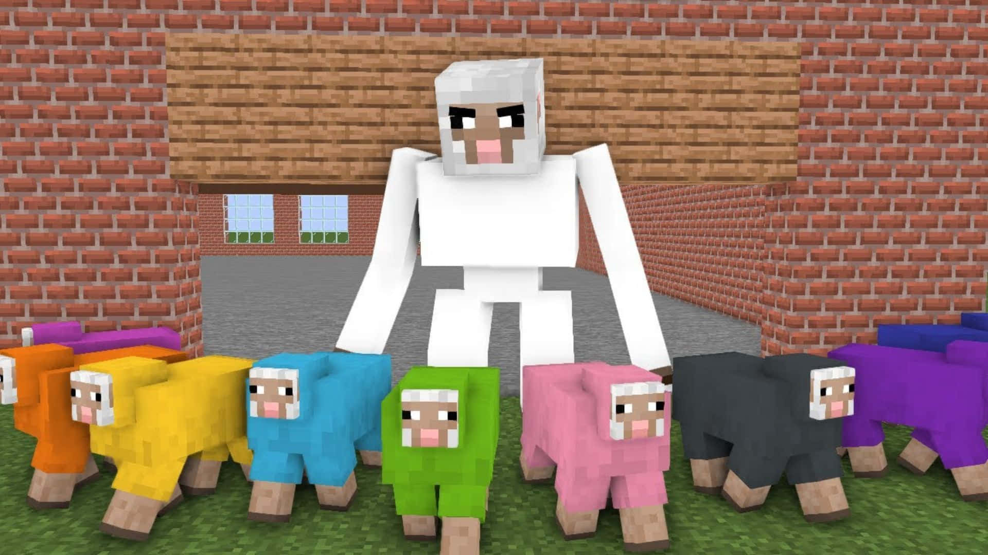 Minecraft Sheep 桌布 壁紙 — 一隻巨大的白色Minecraft羊自豪地站在一排色彩繽紛的像素羊後面，前面是一座磚建築。
