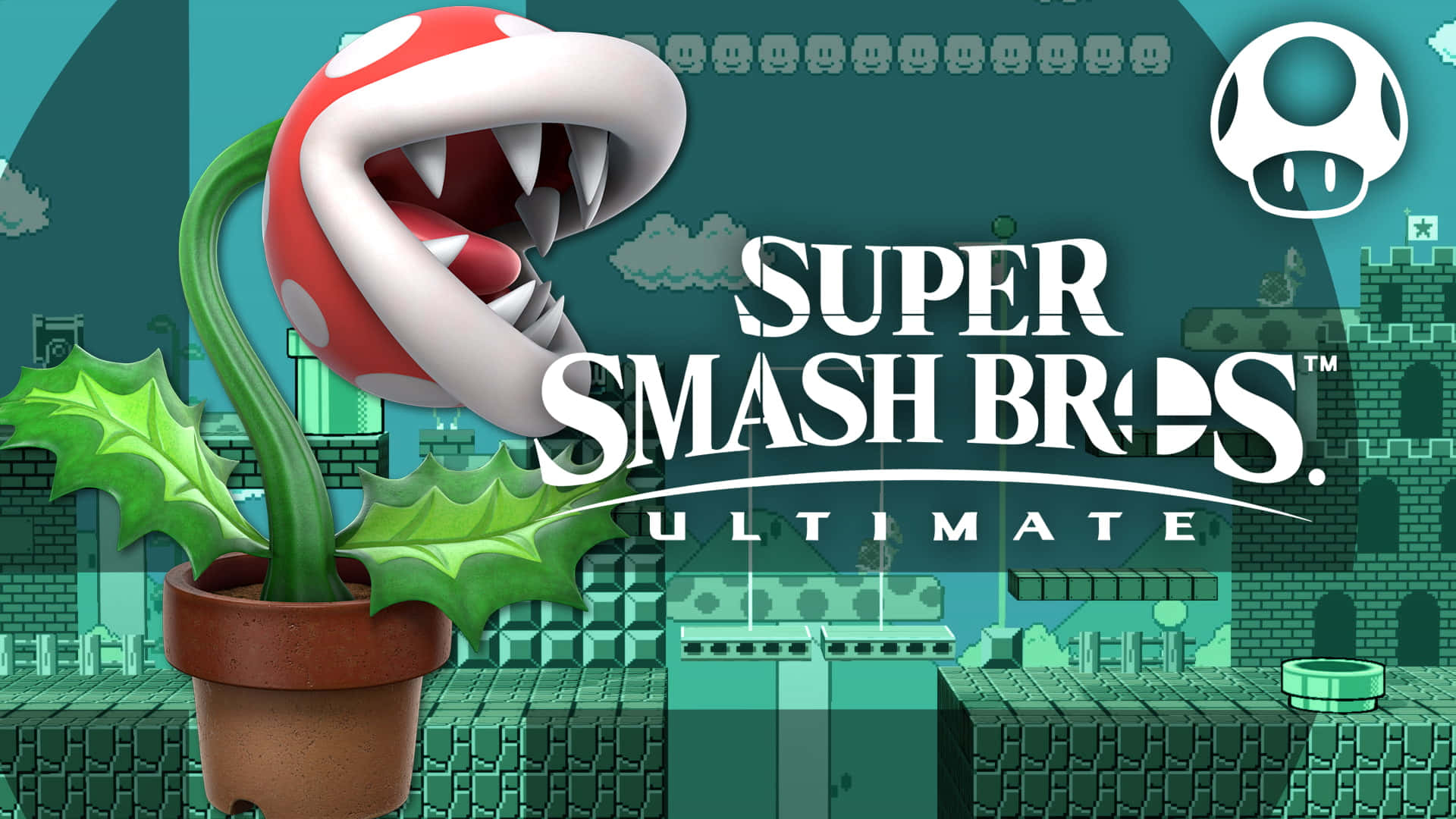 piranha plant 桌布 壁紙 — 一隻巨大的紅白食人花，長有鋒利的牙齒，從盆栽中冒出，背景是綠色像素化的Super Smash Bros Ultimate。