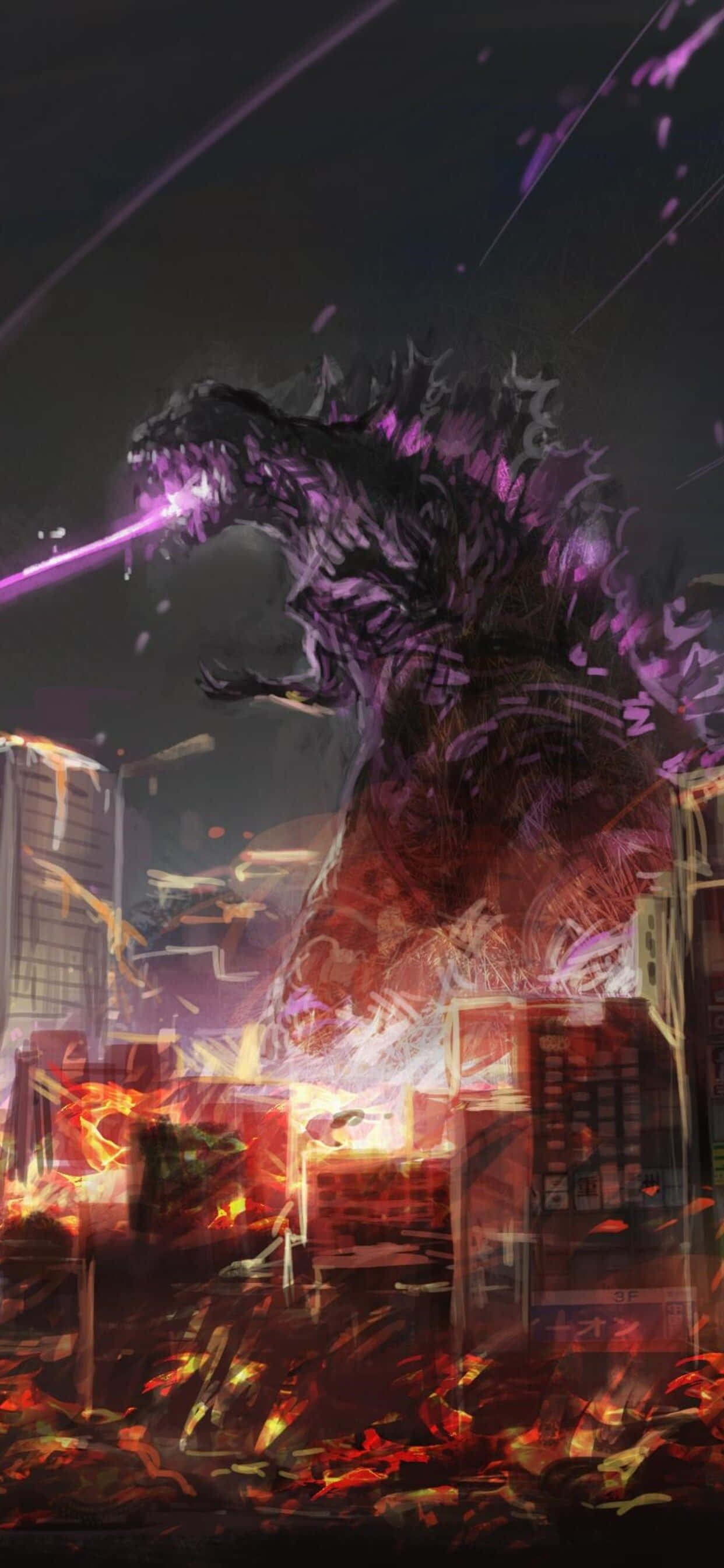 Godzilla Art 桌布 壁紙 — 一隻巨大的紫色哥斯拉在夜間咆哮並穿過燃燒的城市景觀發射光束。