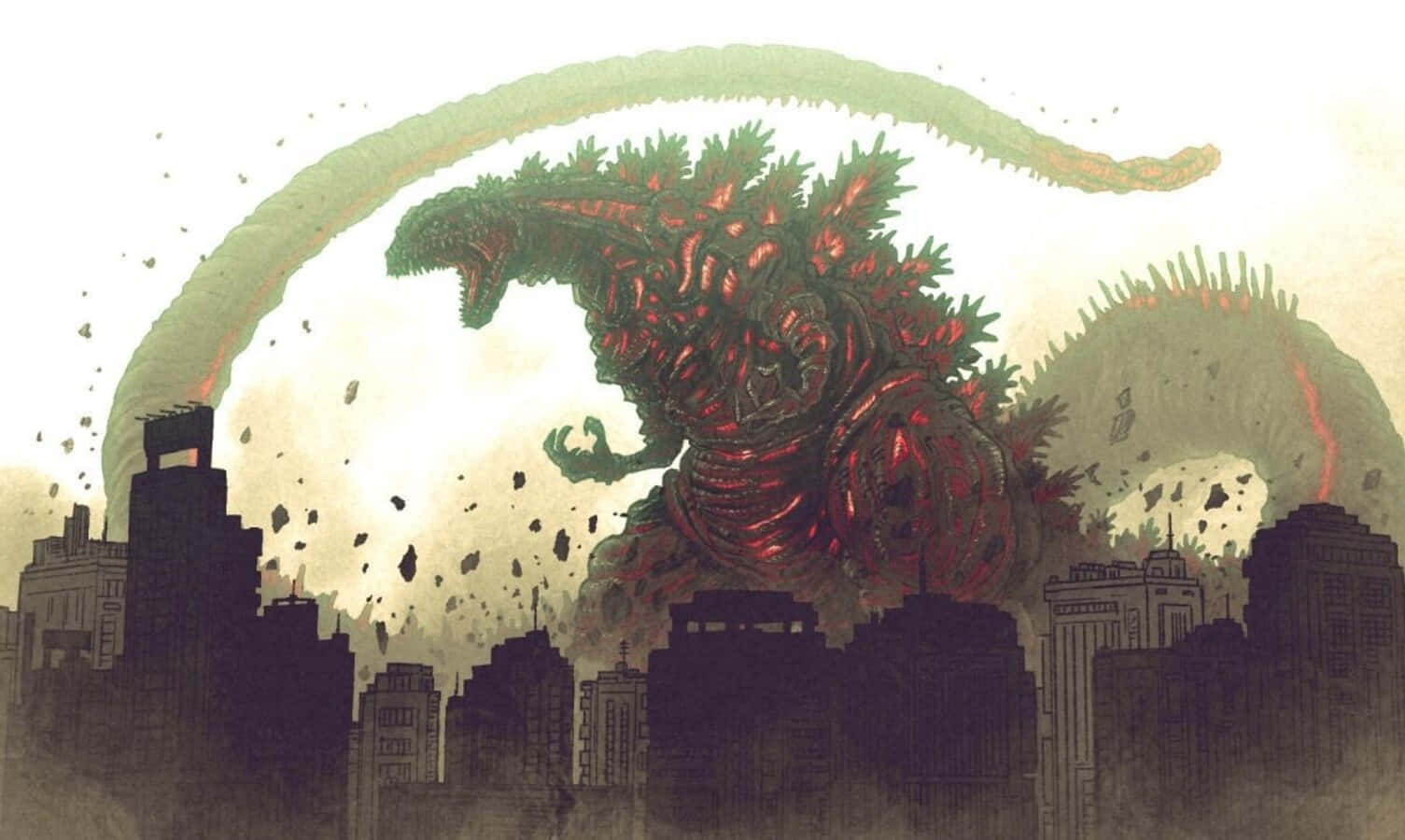 Godzilla Earth 桌布 壁紙 — 一隻巨大的綠色和紅色哥斯拉在 crumbling 的城市景觀上咆哮，碎片在空中飛舞。