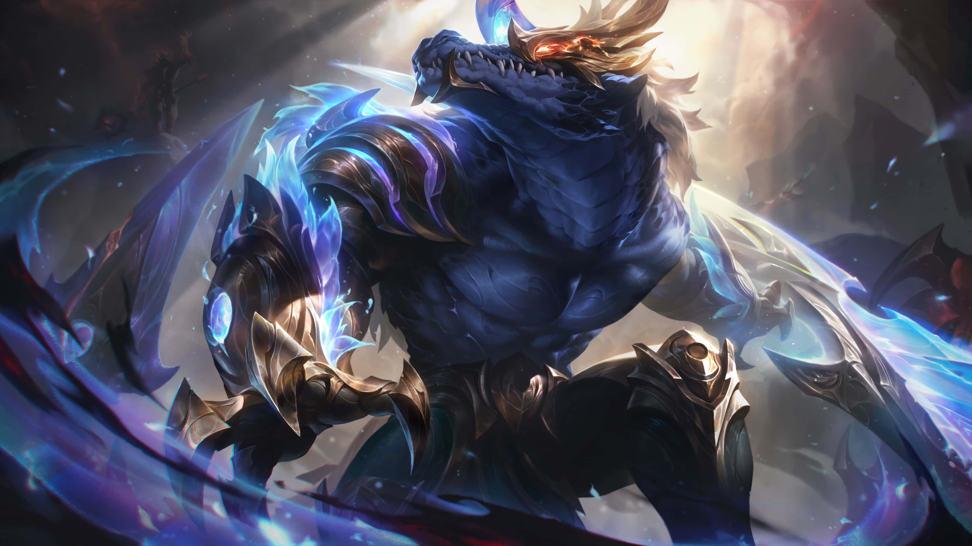 League Of Legends Champions 桌布 壁紙 — 一隻巨大的藍色龍，擁有發光的眼睛和華麗的盔甲，在旋轉的宇宙能量和破碎的石頭中咆哮。