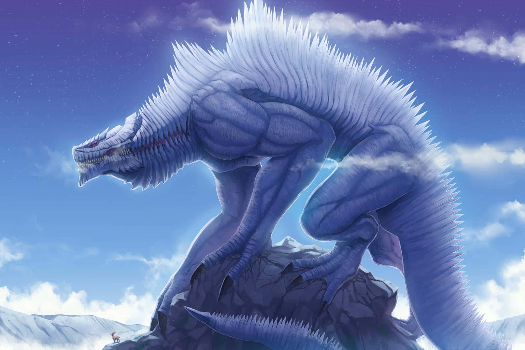 Godzilla Earth 桌布 壁紙 — 一隻巨大的藍色龍，有著尖刺的白色鬃毛，棲息在白雪覆蓋的山頂上，背景是星光閃爍的暮色天空。