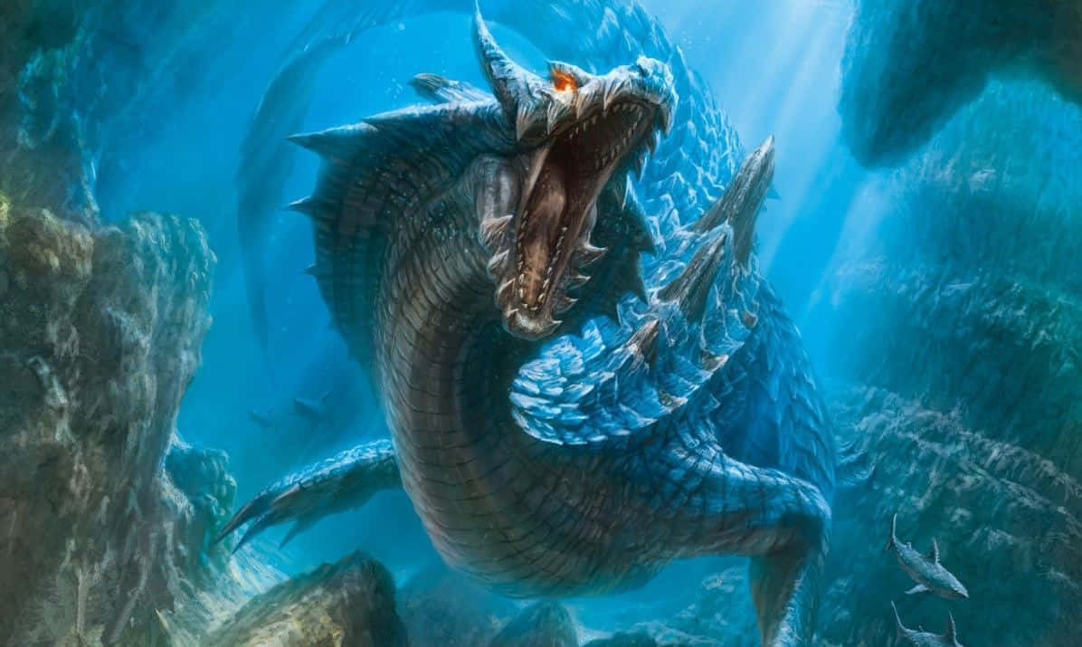 Monster Hunter Monsters 桌布 壁紙 — 一隻巨大的藍鱗海龍，眼睛發光，在岩石洞穴和游動的鯊魚之間的水下咆哮。