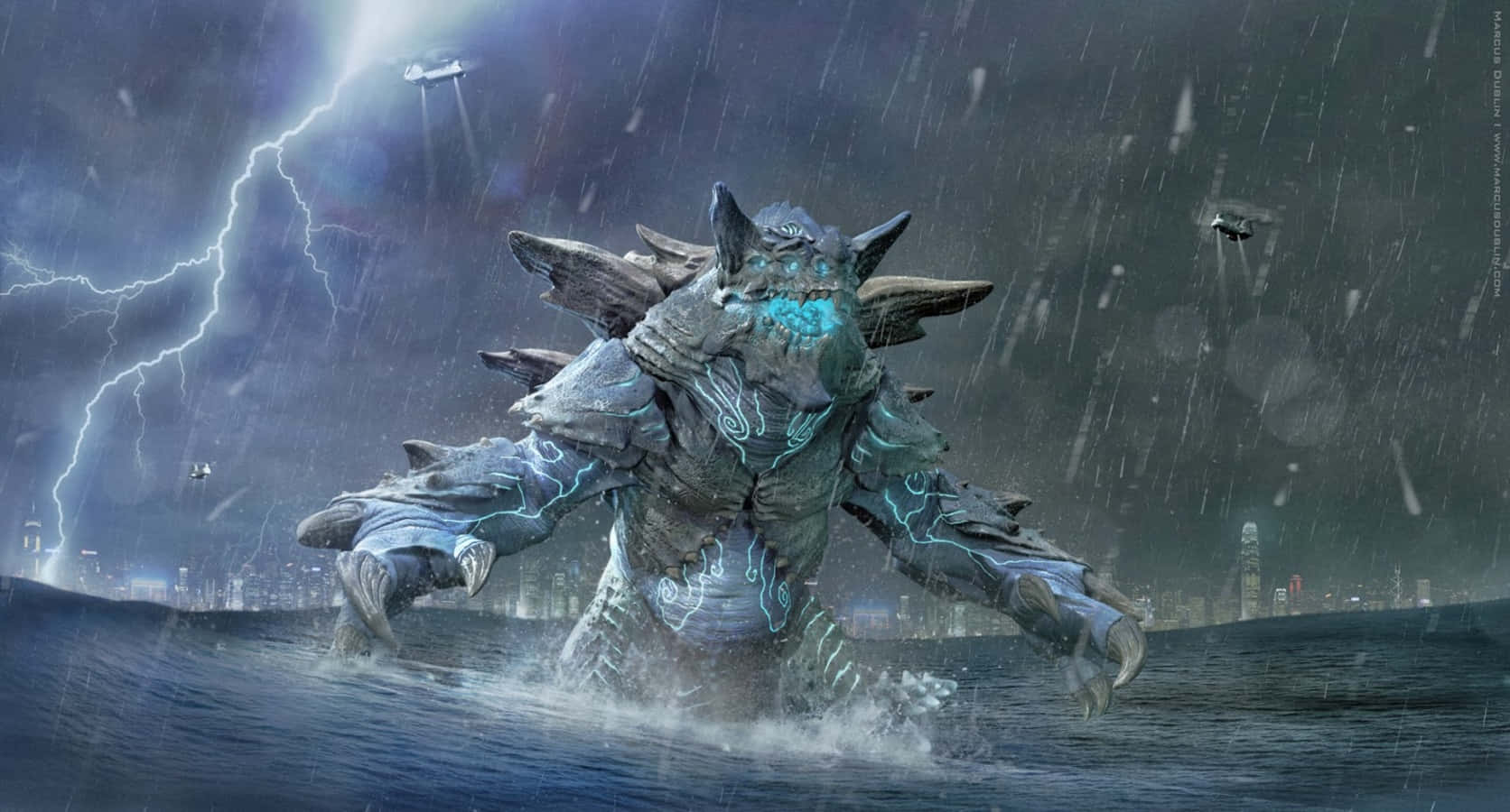 Kaiju 桌布 壁紙 — 一隻巨大的裝甲怪獸從暴風雨的海水中出現，閃電擊中，戰鬥機在頭頂飛過。