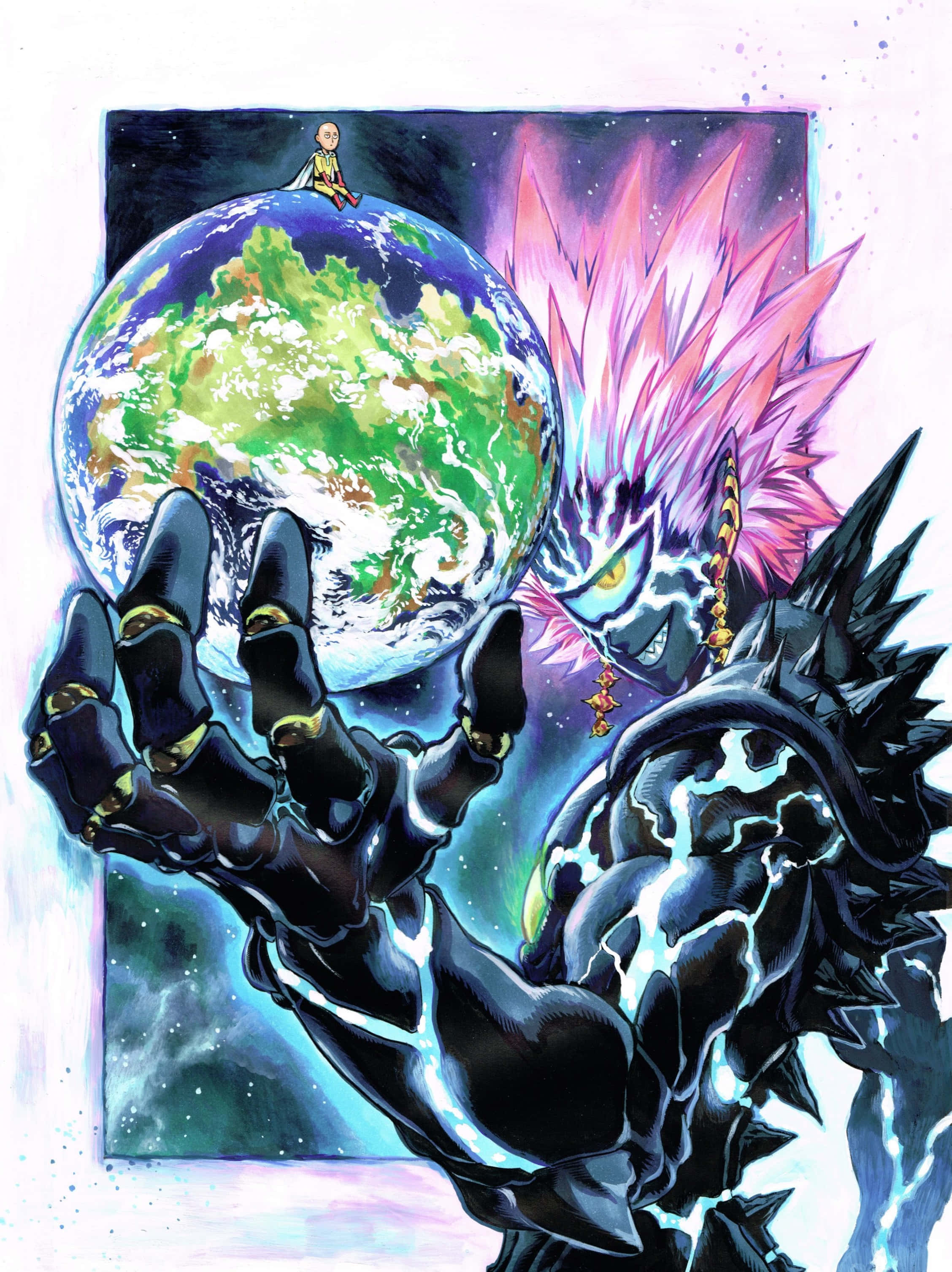 Lord Boros 桌布 壁紙 — 一隻巨大的裝甲手掌握著發光的地球，而一個粉紅色頭髮、眼睛閃電的動畫反派潛伏在背後。