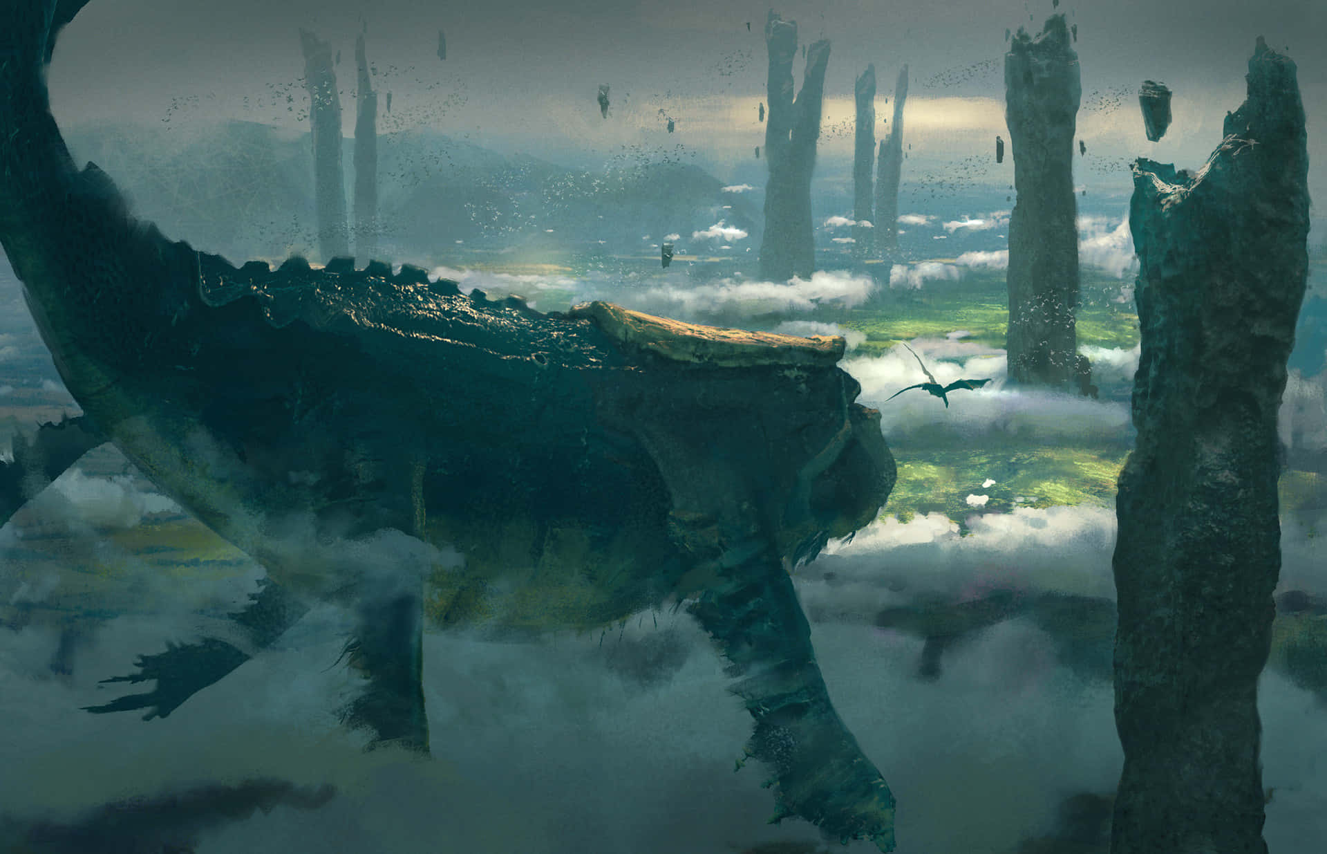The Legend Of Zelda Skyward Sword 桌布 壁紙 — 一隻巨大的遠古爬行動物從迷霧雲層中出現，背景是超現實的浮島景觀，聳立著石柱。