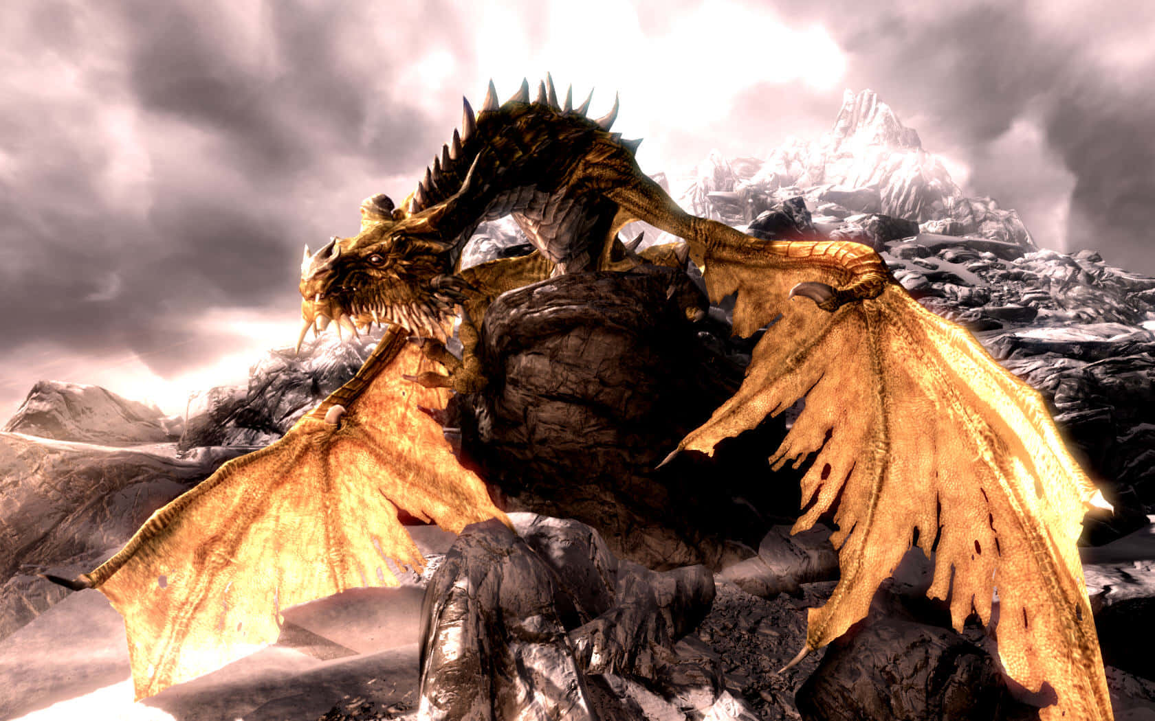 Skyrim Paarthurnax 桌布 壁紙 — 一隻巨大的金色龍，背上有尖刺和皮革般的翅膀，棲息在風暴天空下的雪山之巔。