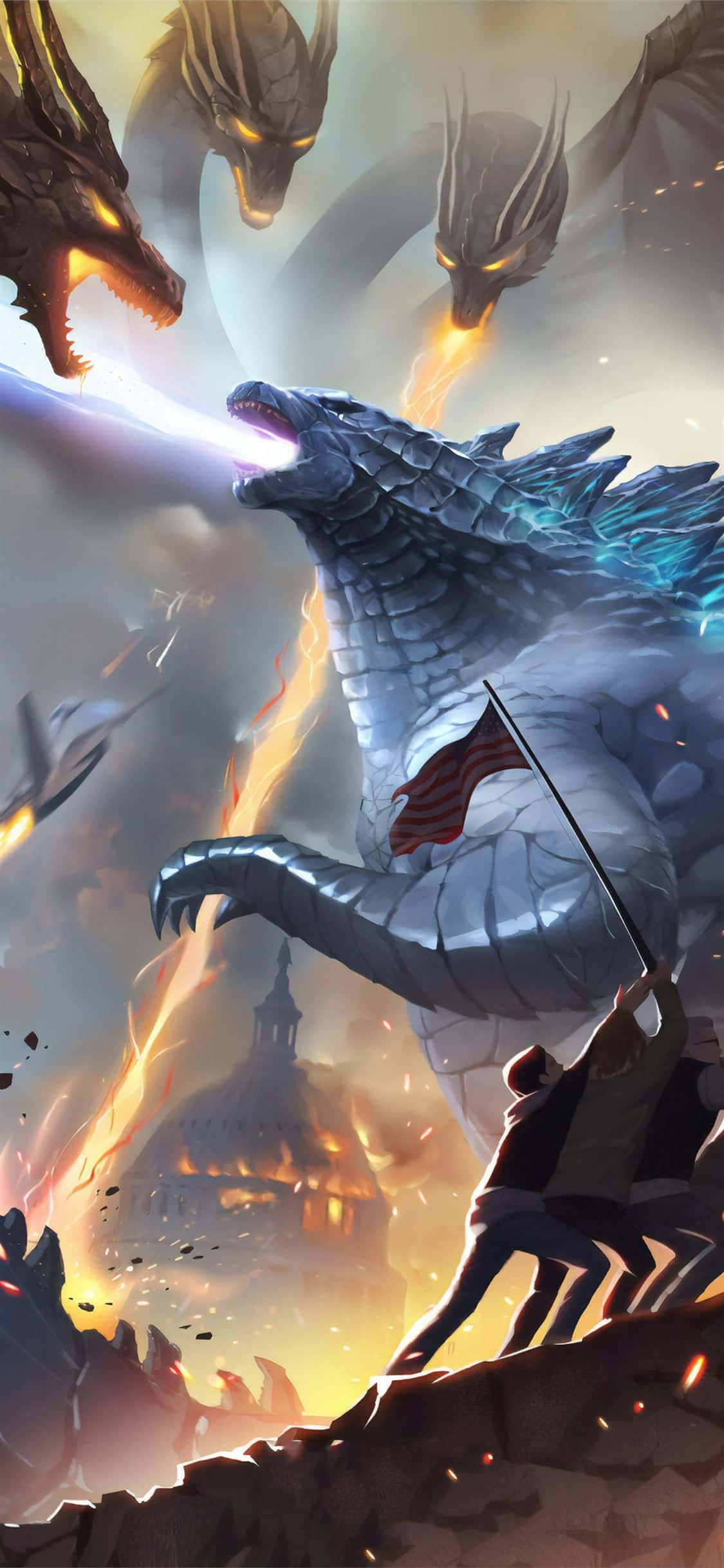 Godzilla Art 桌布 壁紙 — 一隻巨大的銀龍噴出藍色火焰，戰士們在熾熱天空下的廢墟上戰鬥。