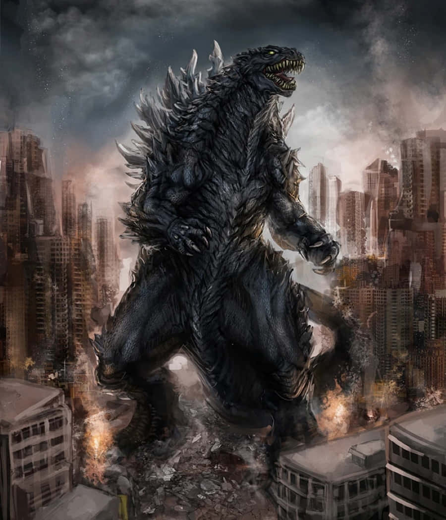 Godzilla Earth 桌布 壁紙 — 一隻巨大的黑暗哥斯拉在暴風雨的天空下，於煙霧和火焰籠罩的廢墟城市景觀中咆哮。