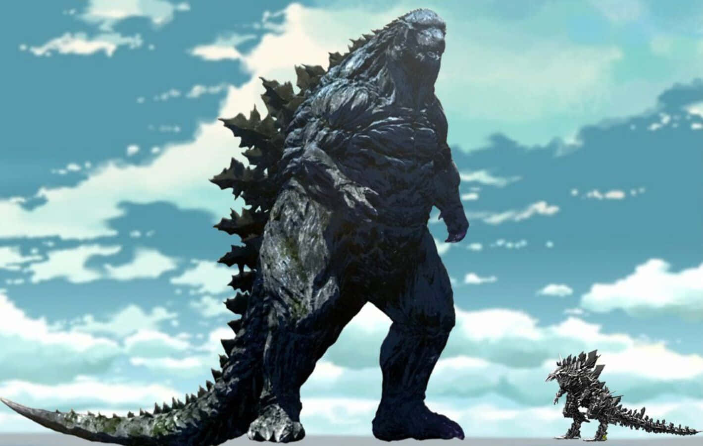 Godzilla Earth 桌布 壁紙 — 一隻巨大的黑暗哥斯拉聳立在一隻較小的哥斯拉之上，背景是明亮的多雲天空。