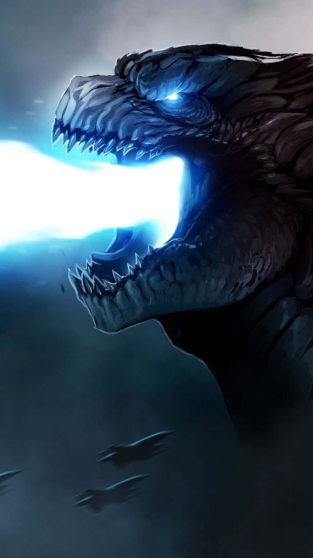 Godzilla 2014 桌布 壁紙 — 一隻巨大的黑暗怪物，發光的藍色眼睛和嘴巴，在暴風雨的天空中釋放出刺眼的光束。