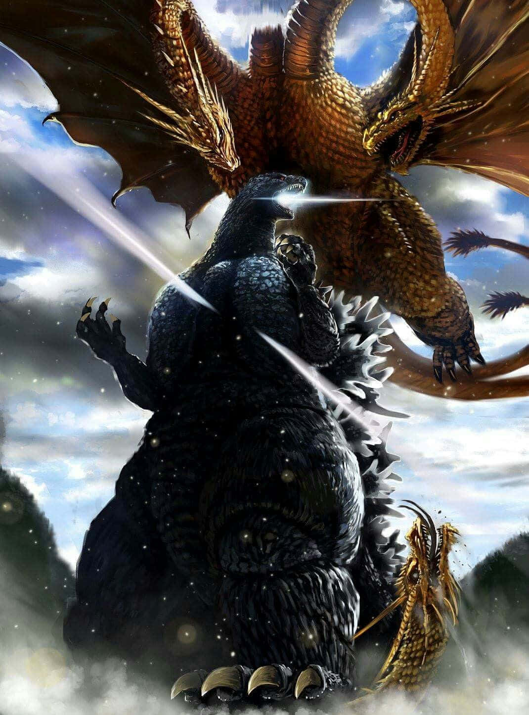 Godzilla Vs King Ghidorah 桌布 壁紙 — 一隻巨大的黑色哥斯拉面對一隻金色的飛龍，在暴風雨的天空中，下方有發光的光束和霧氣繚繞的山脈。