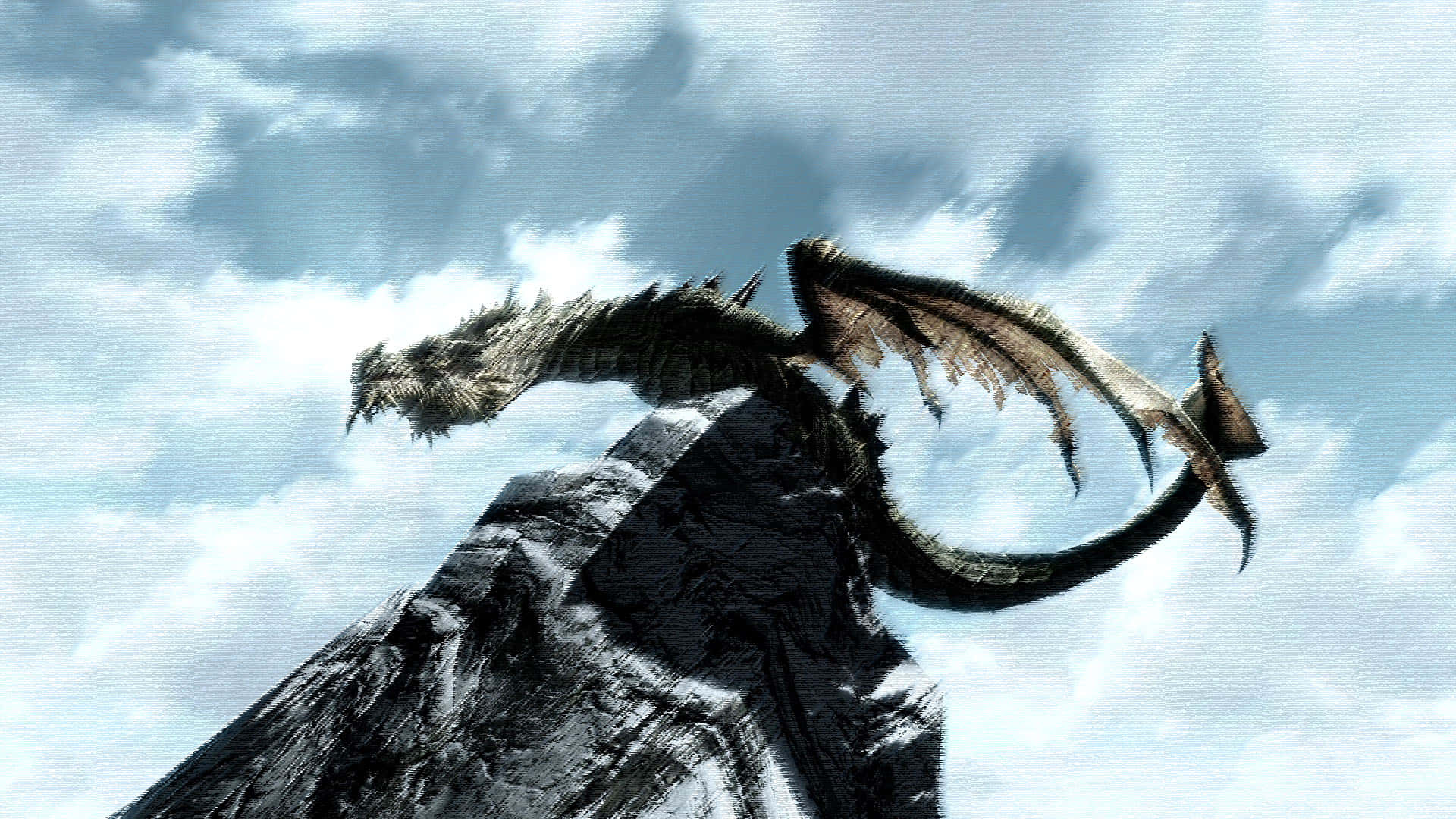 Skyrim Paarthurnax 桌布 壁紙 — 一隻巨大的黑色龍棲息在鋸齒狀的雪山頂上，背景是陰雲密佈的天空。