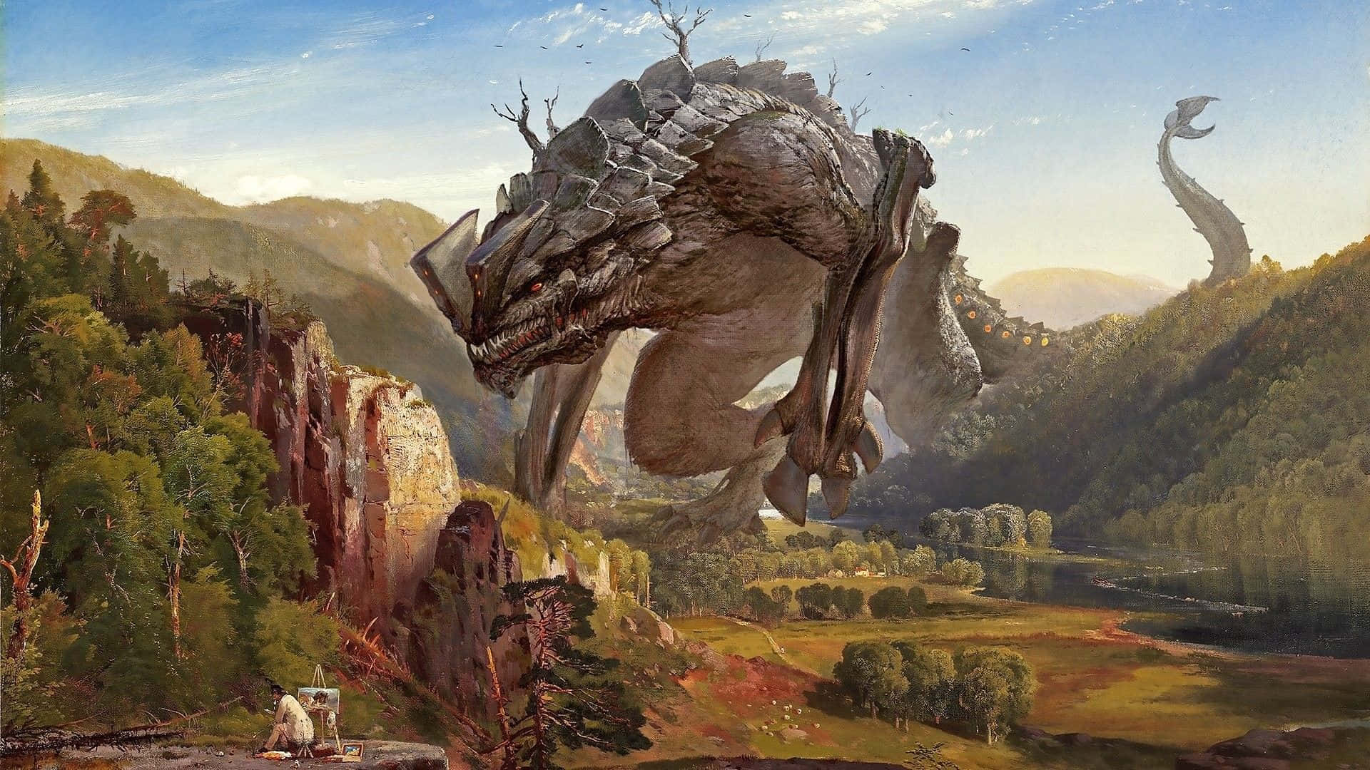 Myths 桌布 壁紙 — 一隻巨大石龍，雙眼發出紅光，俯瞰山谷，一位小畫家從懸崖邊觀察。
