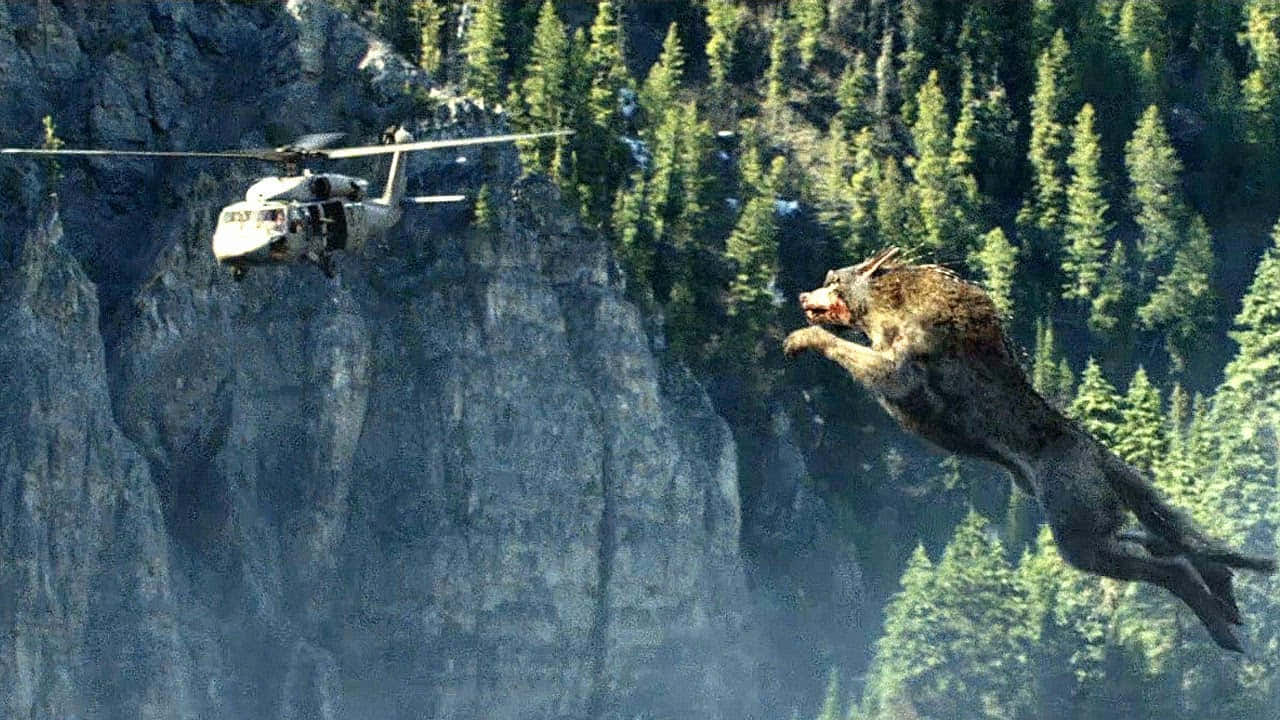 Wolf Attack 桌布 壁紙 — 一隻巨狼在半空中躍向一架盤旋在樹木茂密的山崖上空的直升機。