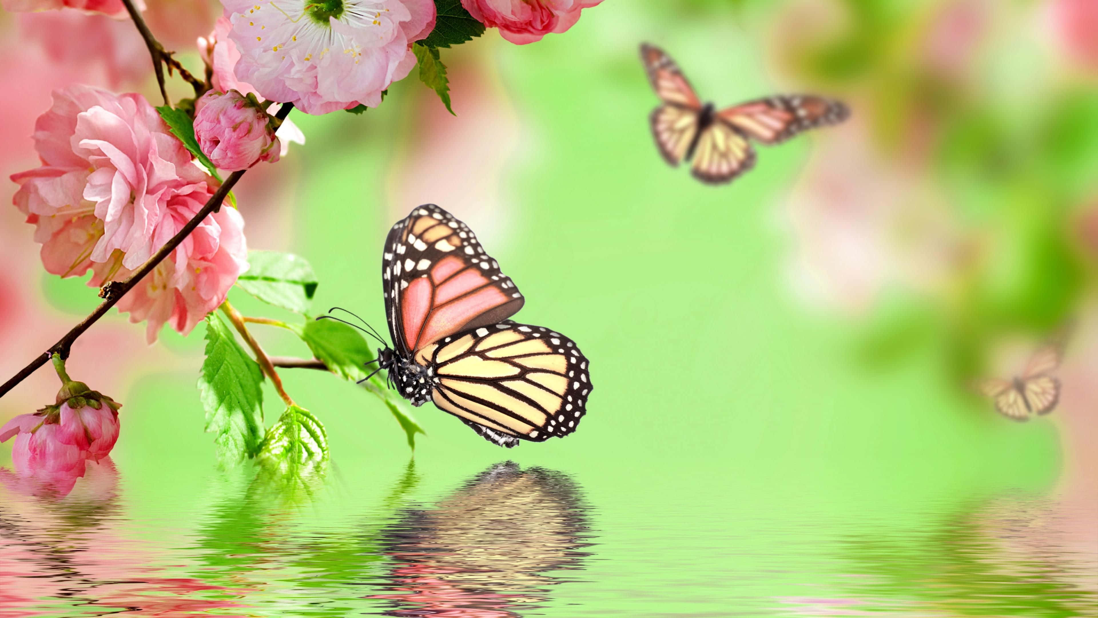 Butterfly Photos 桌布 壁紙 — 一隻帝王斑蝶棲息在櫻花枝上，下方平靜的水面映照出粉紅花朵和綠葉。