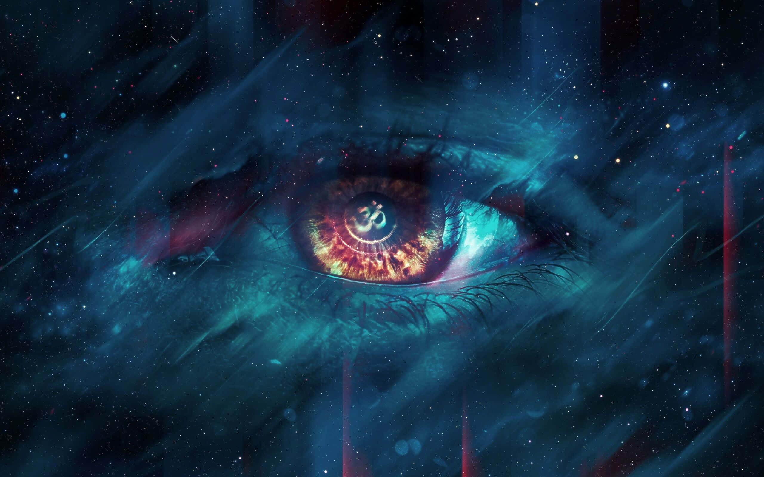 Eyes 桌布 壁紙 — 一隻帶有「唵」符號虹膜的宇宙之眼，凝視著深藍與火橙色交織的旋轉星雲與星野。