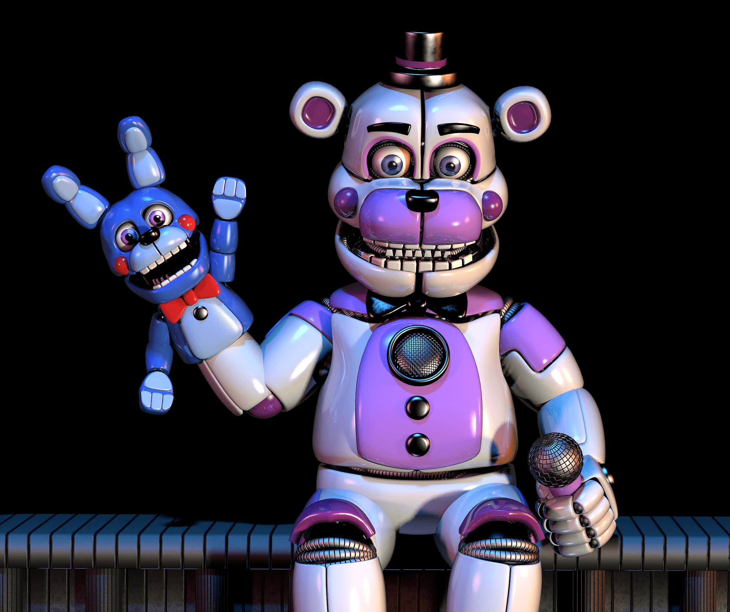 Funtime Freddy 桌布 壁紙 — 一隻帶有咪高峰和藍色兔仔木偶的威脅性紫色電子熊在黑色背景上揮手。