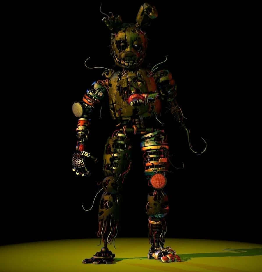 Scraptrap 桌布 壁紙 — 一隻帶有威脅性、生鏽的電子機械兔，暴露的電線和破損的牙齒，站在黑色背景下的黃色地板上，處於聚光燈下。