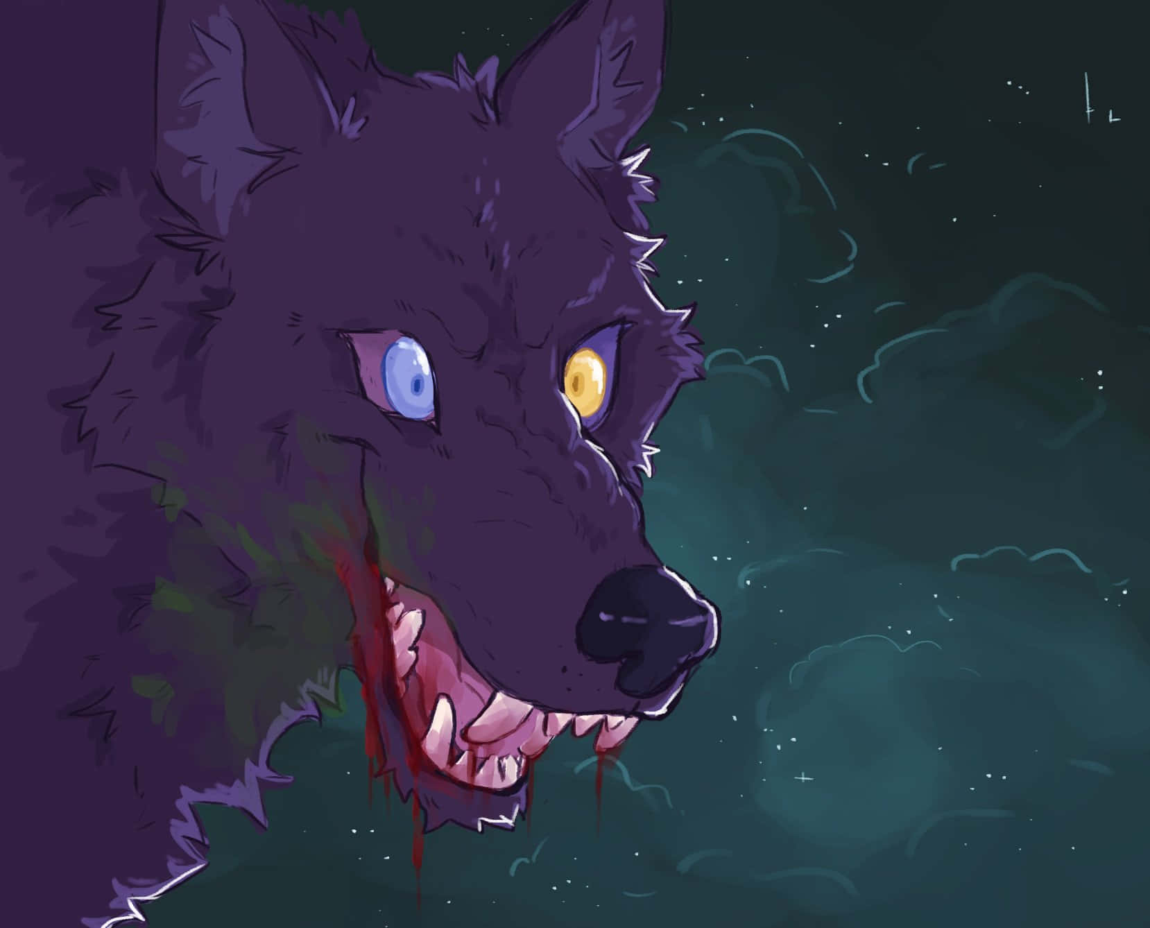 Wolf's Rain Darcia 桌布 壁紙 — 一隻帶有威脅性的紫色狼，眼睛不對稱，嘴巴滴著血，凝視著繁星點點的夜空。