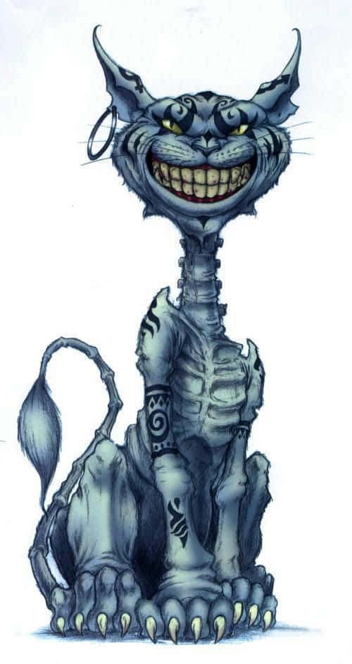 evil 桌布 壁紙 — 一隻帶有威脅性的藍灰色貓咪，咧嘴露出牙齒，身上有部落紋身，後腿直立坐著。