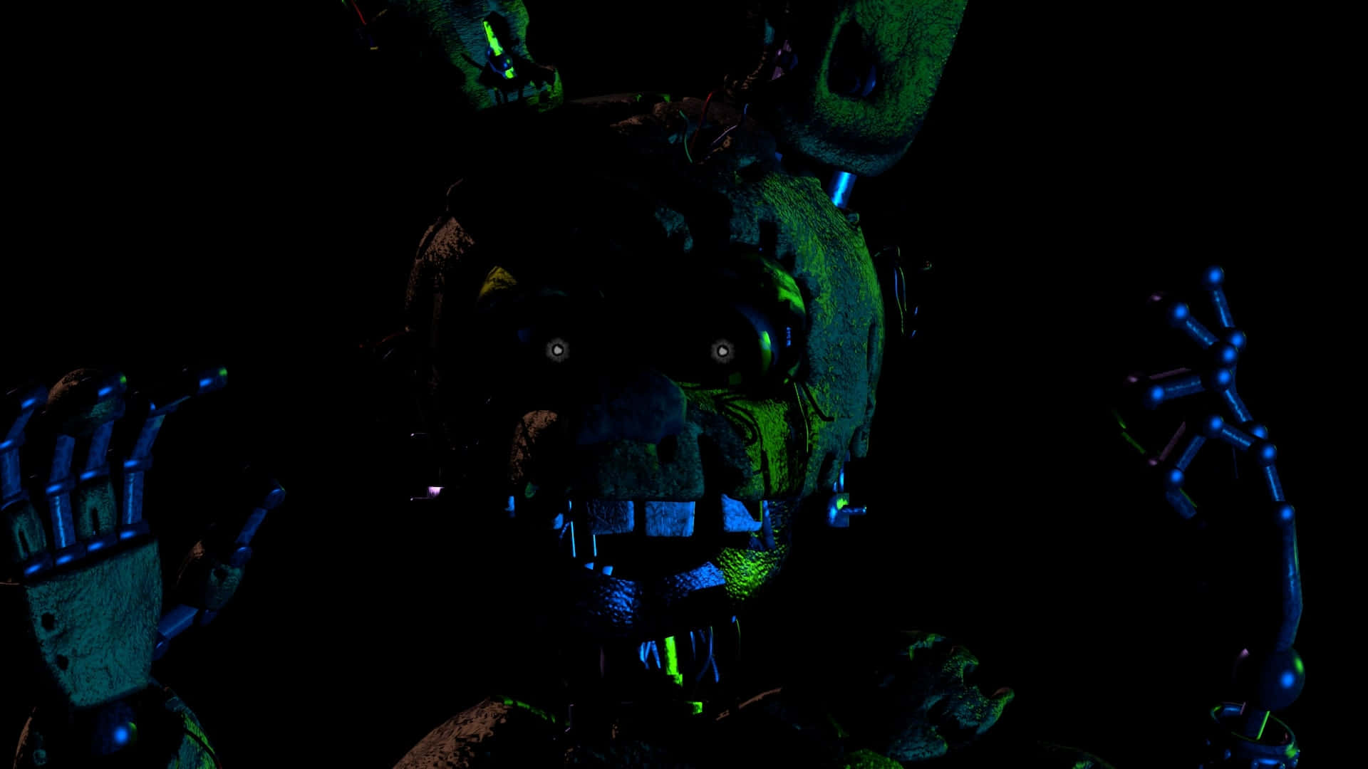 Springtrap 桌布 壁紙 — 一隻帶有威脅性的電子熊在漆黑的背景下發出詭異的綠色和藍色光芒。