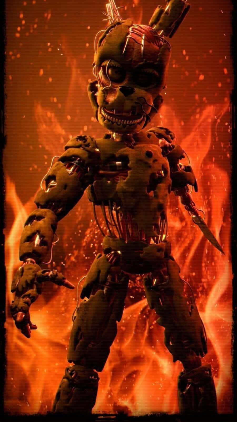 Scraptrap 桌布 壁紙 — 一隻帶有威脅性的電子熊站在咆哮的火焰中，露出電線和鋸齒狀的笑容。