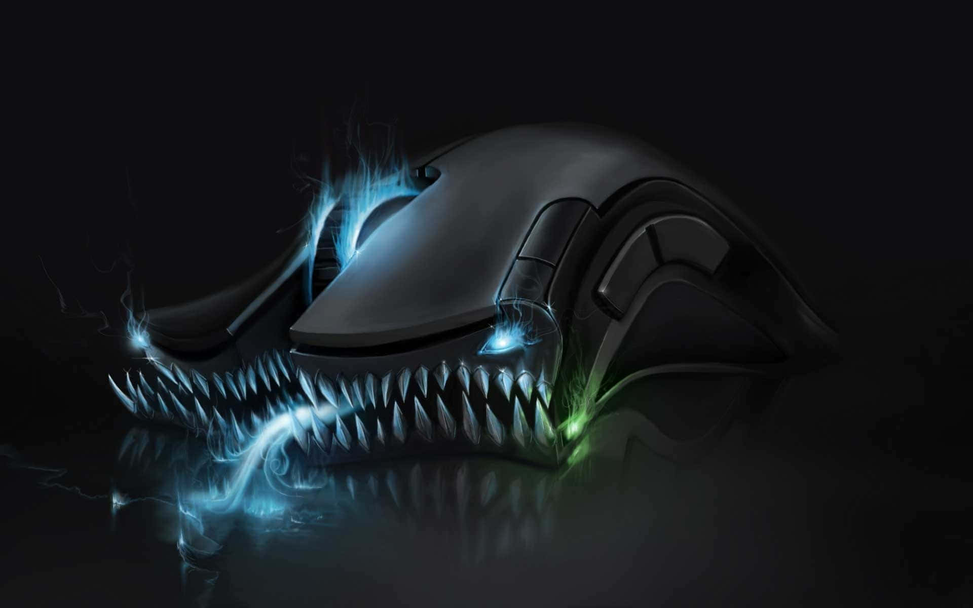 Gaming Mice 桌布 壁紙 — 一隻帶有威脅性的黑色電腦滑鼠，在黑暗背景下變成一隻擁有發光藍綠色獠牙和電擊觸鬚的生物。
