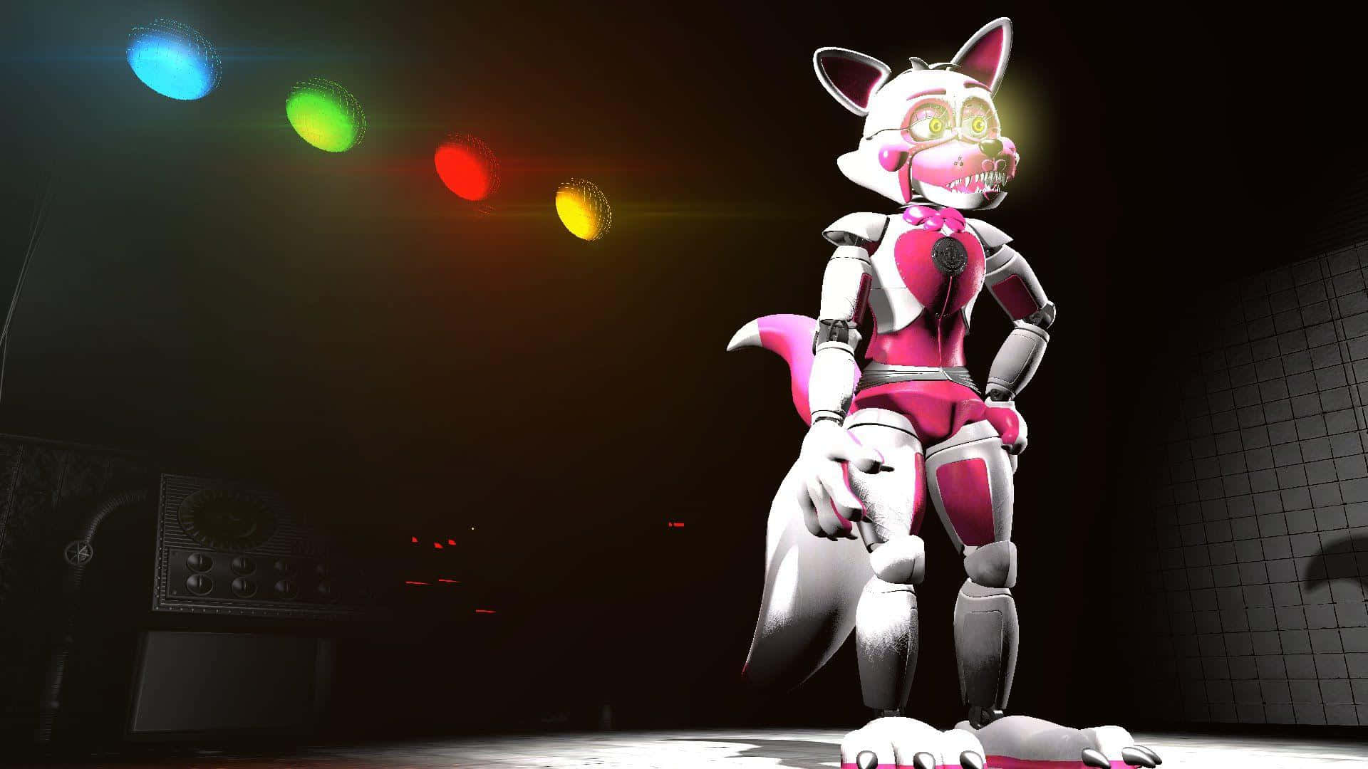 Funtime Foxy 桌布 壁紙 — 一隻帶有威脅感的粉白色電子動畫狐狸，站在昏暗場地的彩色舞台燈光下。